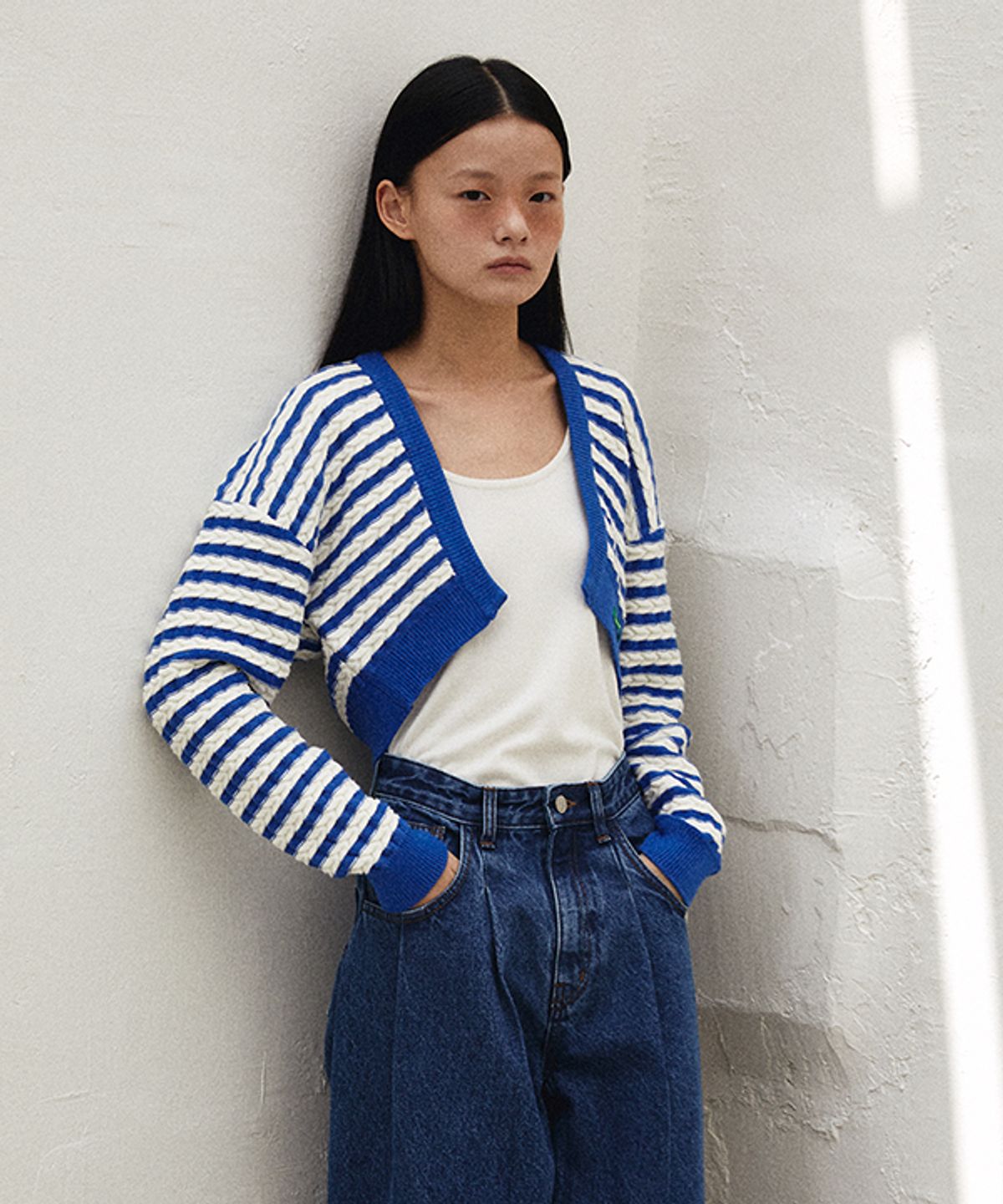그린버터(GREENBUTTER) Herringbone Stripe Knit Bolero (Blue)