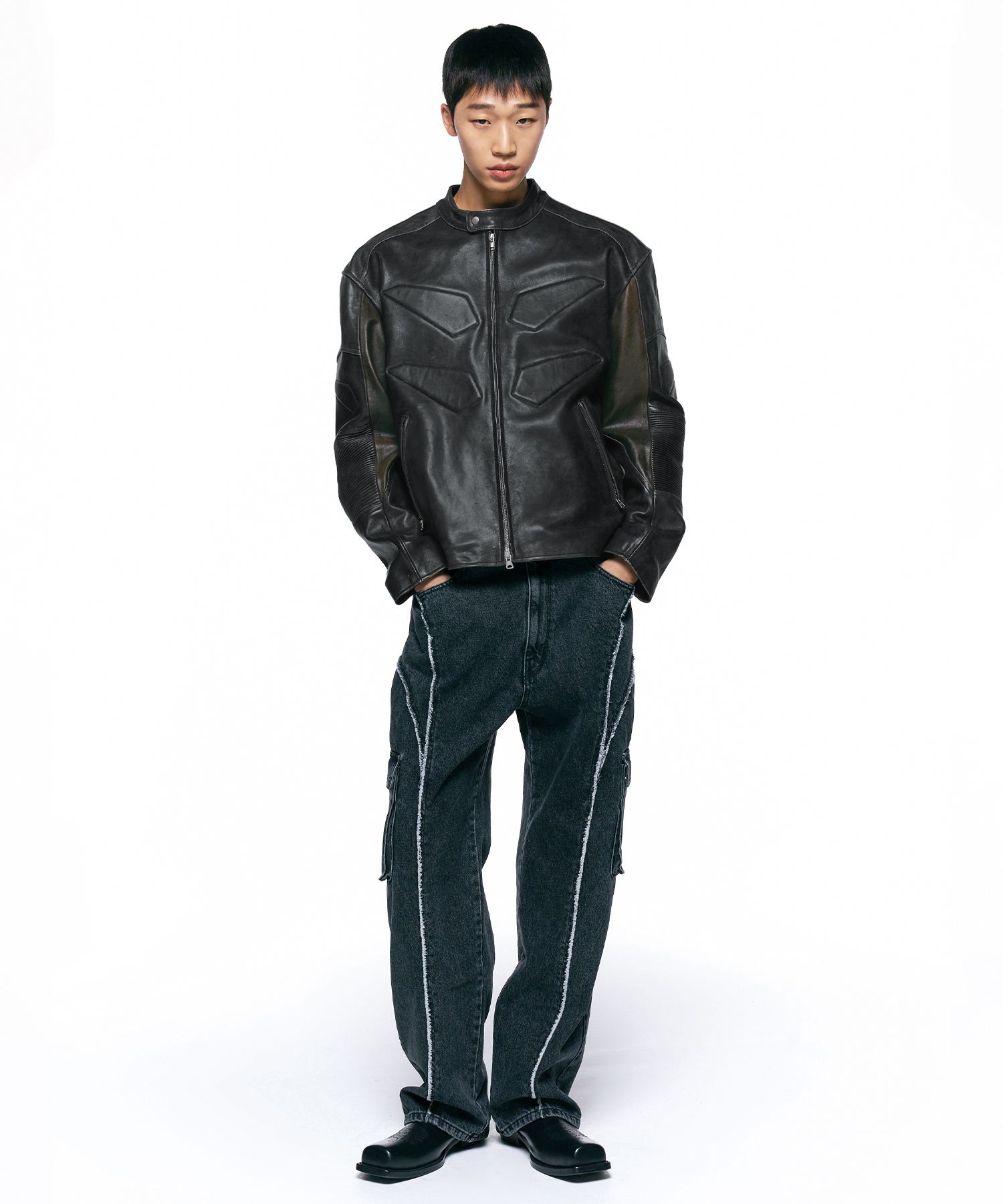 MUSINSA公式 | INSILENCE Embo bike leather jacket BLACK
