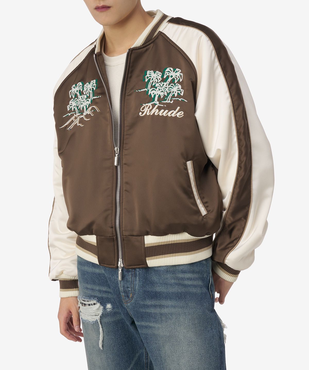 루드(RHUDE) 크레페 사틴 수베니어 재킷 - 브라운:크림 / RHPF23JA021536761676
