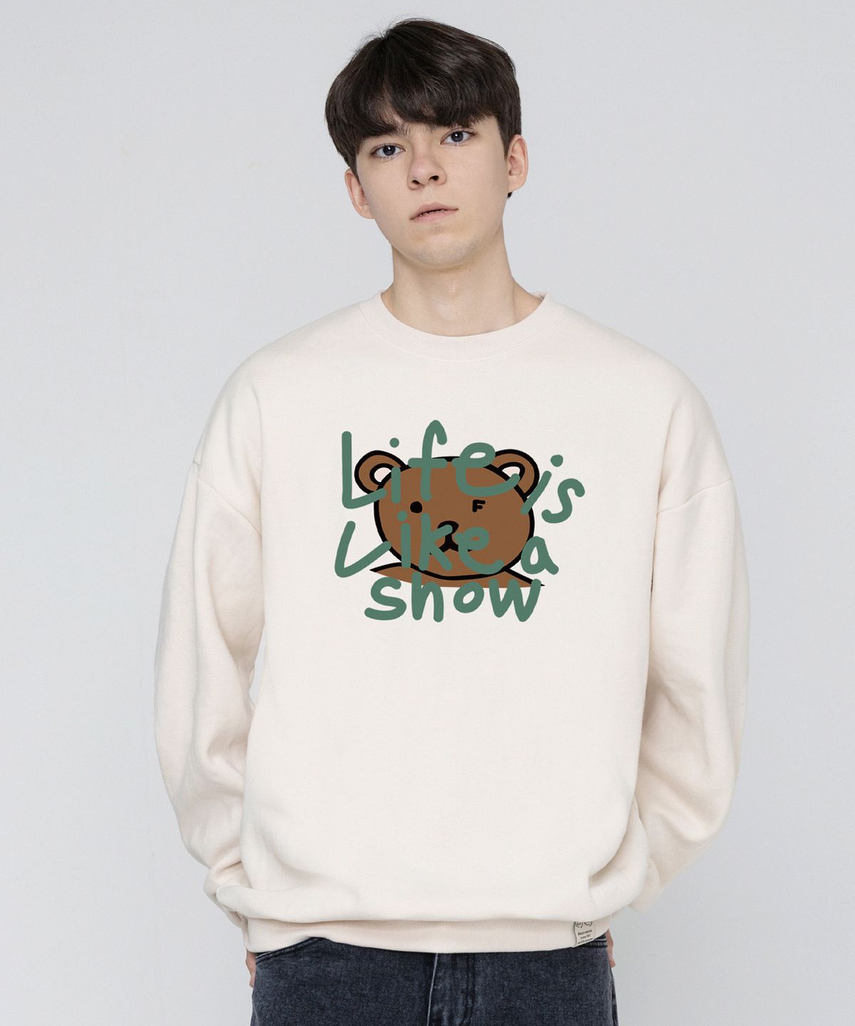 그레이버(GRAVER) [UNISEX]빅 드로잉 레터 베어 맨투맨_크림/그린 로고