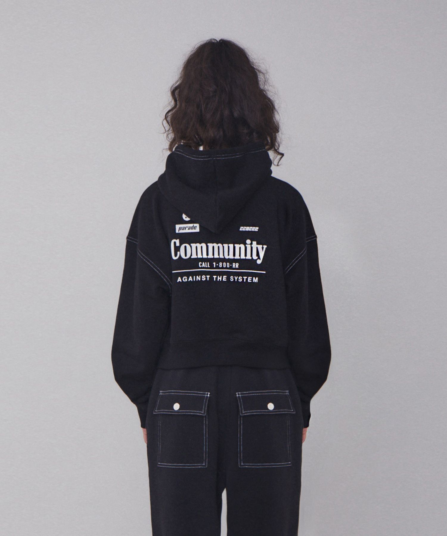 MUSINSA | REST&RECREATION RR STITCH CROPPED HOOD ZIP-UP_BLACK