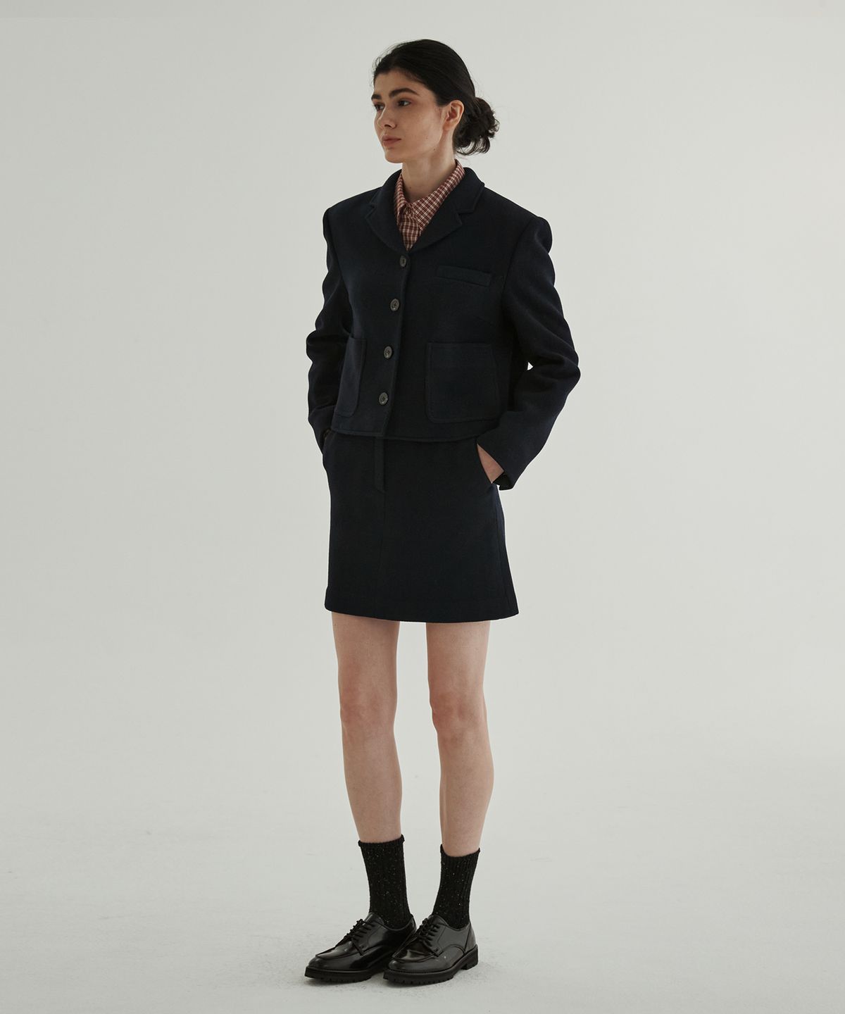 스텝어라운드(STEP AROUND) Wool Twill Mini-Skirt (Navy)