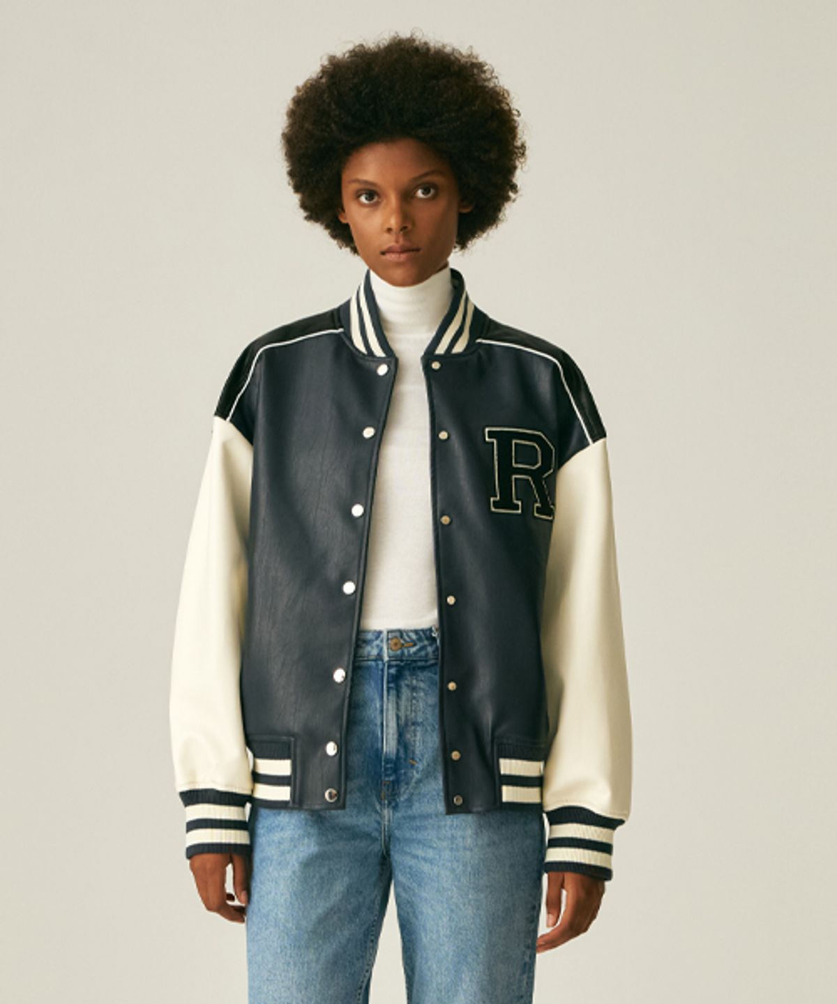 레이디 볼륨(LADY VOLUME) 9112 VARSITY LEATHER JACKET_NAVY
