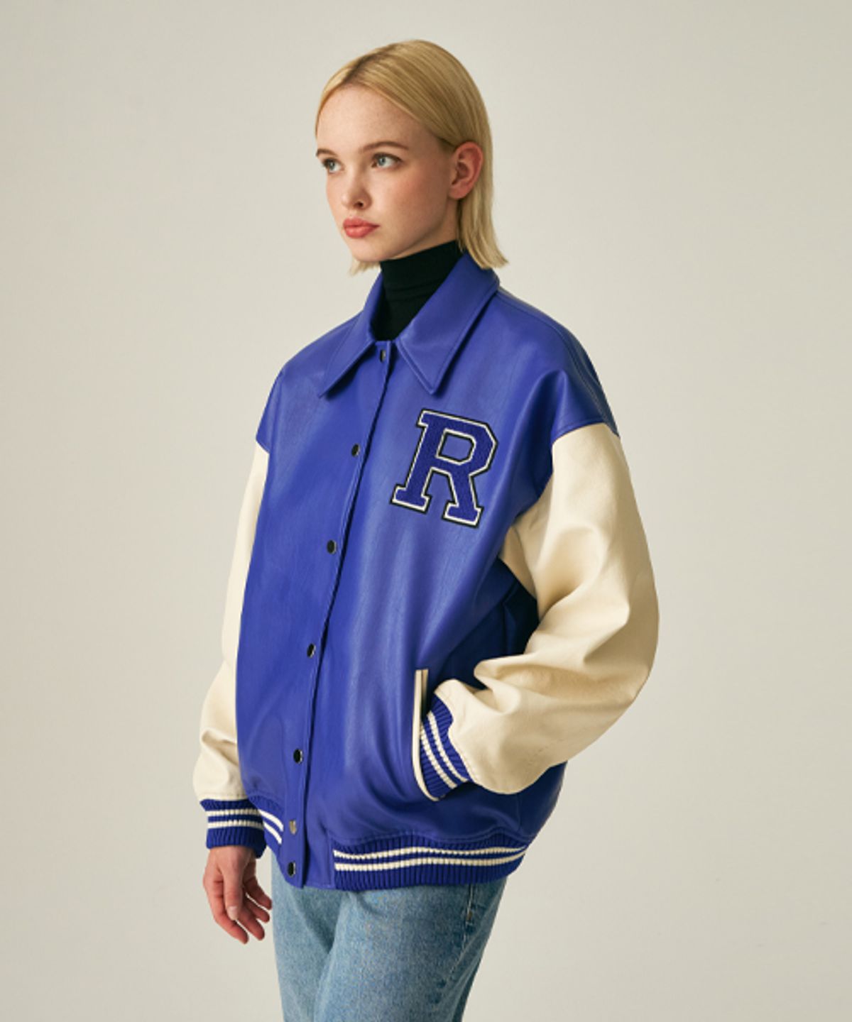 레이디 볼륨(LADY VOLUME) (UNISEX)9111 VARSITY LEATHER JACKET_BLUE