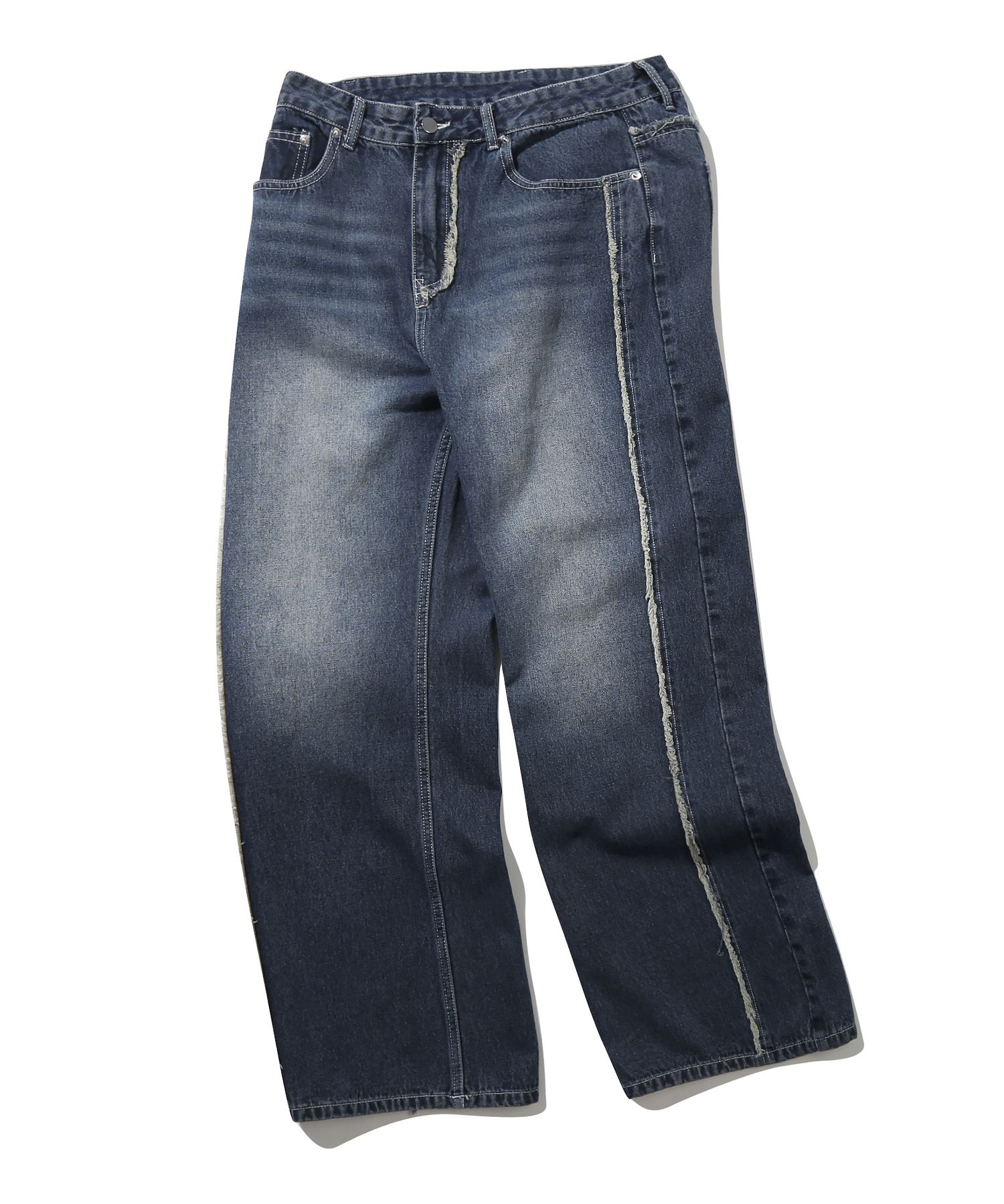 MUSINSA | TRILLION Side fringe washed wide denim pants (BLUE