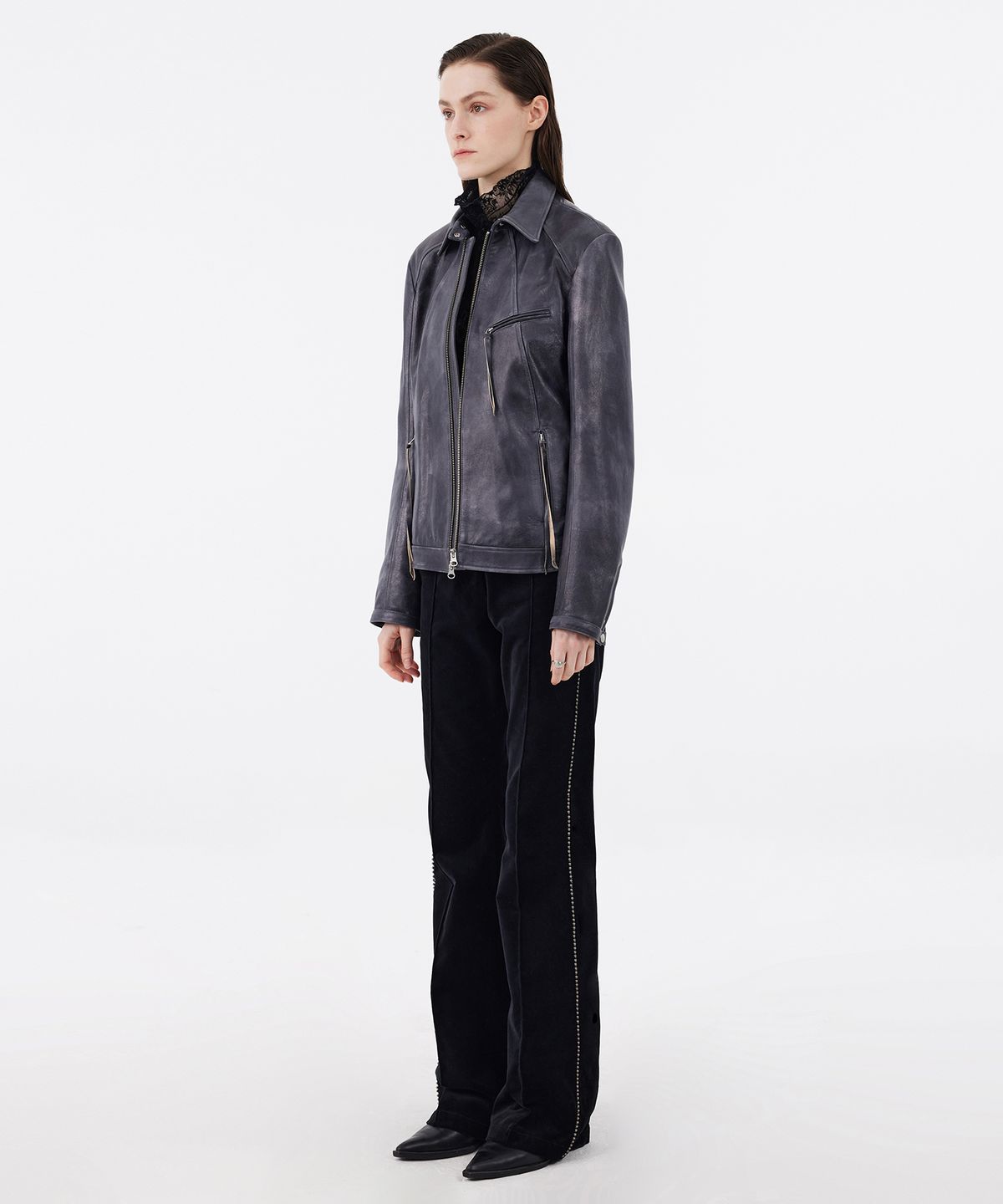 유스(YOUTH) Two-Tone Leather Jacket - Charcoal Grey