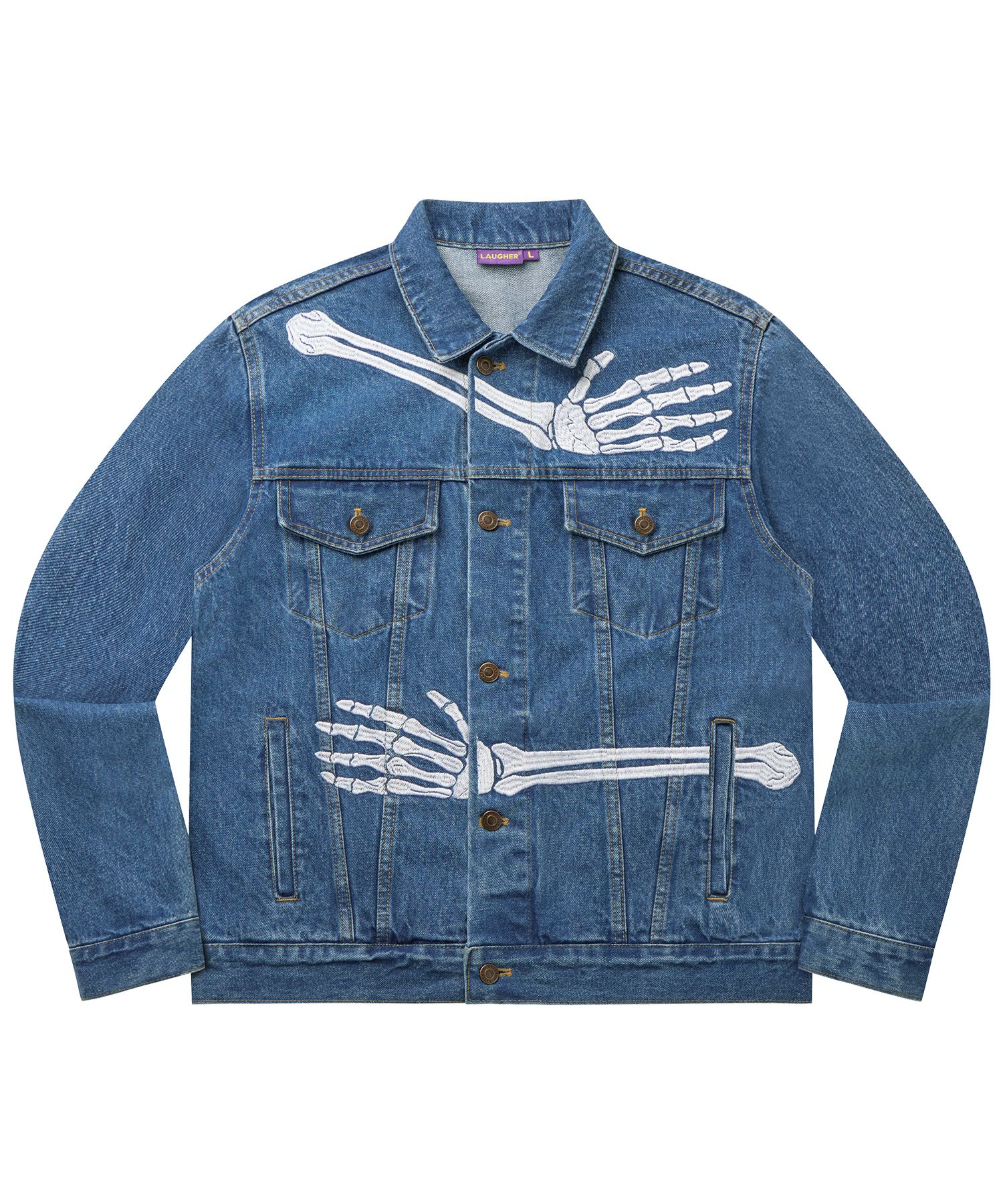 MUSINSA | LAUGHER HUG SKELETON DENIM JACKET - MEDIUM BLUE
