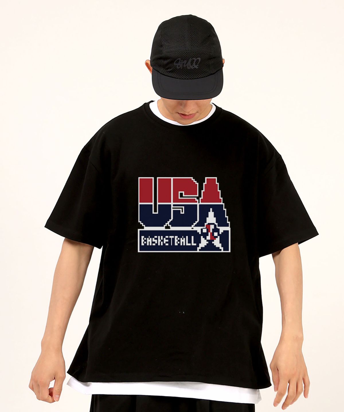 스터프(STUFF) USA 픽셀 디티 로고 블랙 헤비 반팔티
