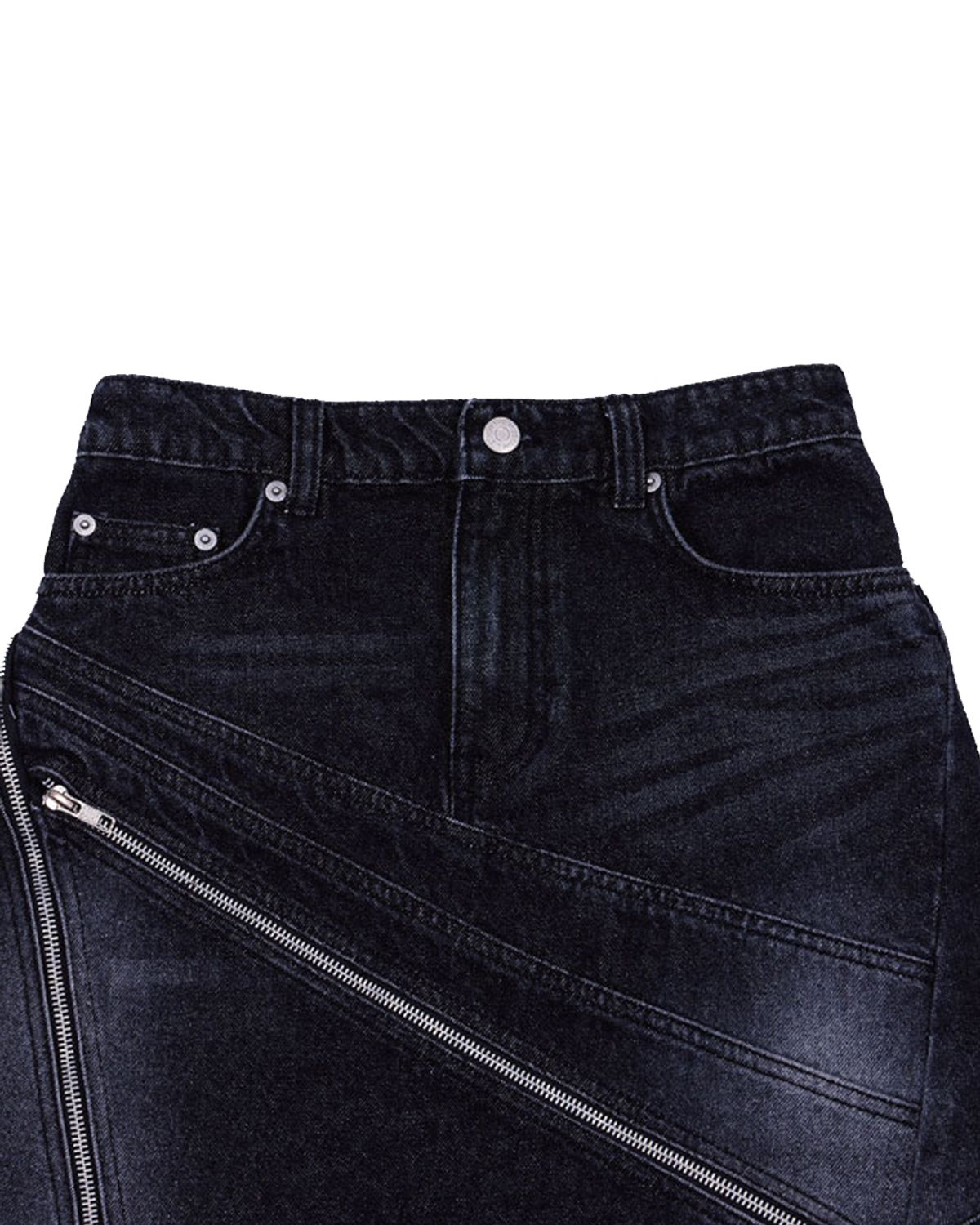 더뮤지엄비지터(THEMUSEUMVISITOR) DIAGONAL ZIPPER DETAILED WASHED DENIM SKIRT (BLACK)