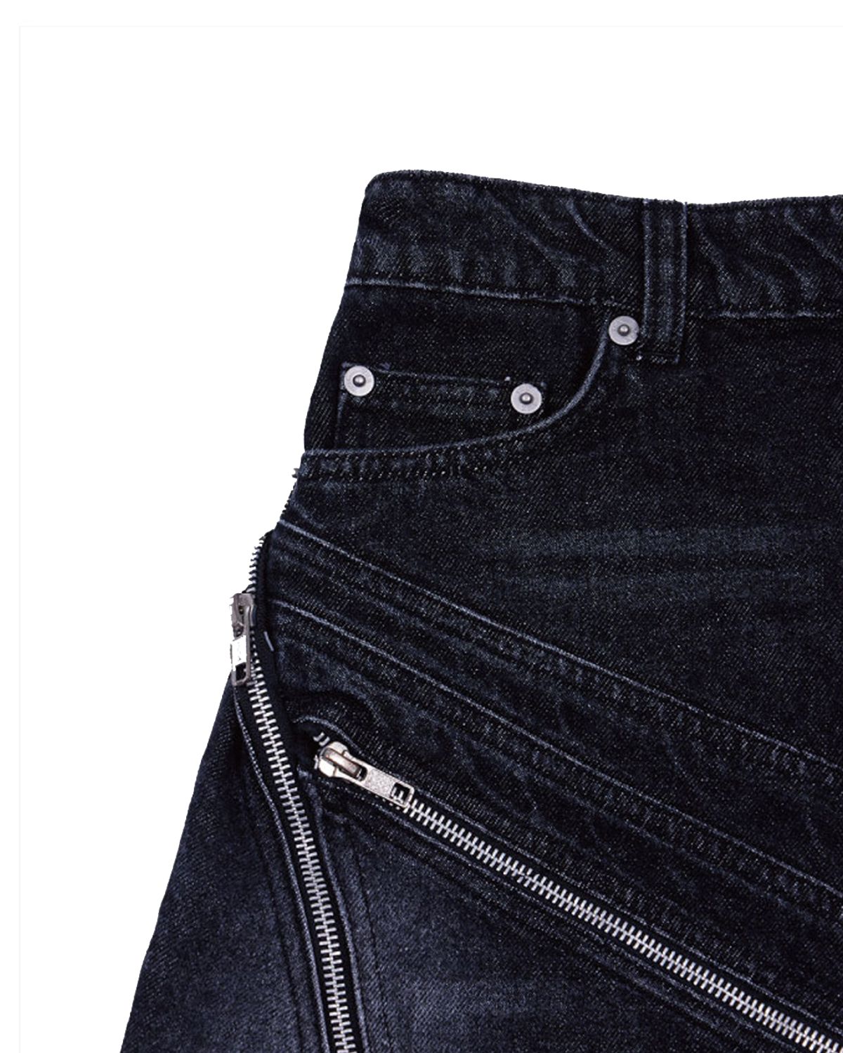 더뮤지엄비지터(THEMUSEUMVISITOR) DIAGONAL ZIPPER DETAILED WASHED DENIM SKIRT (BLACK)