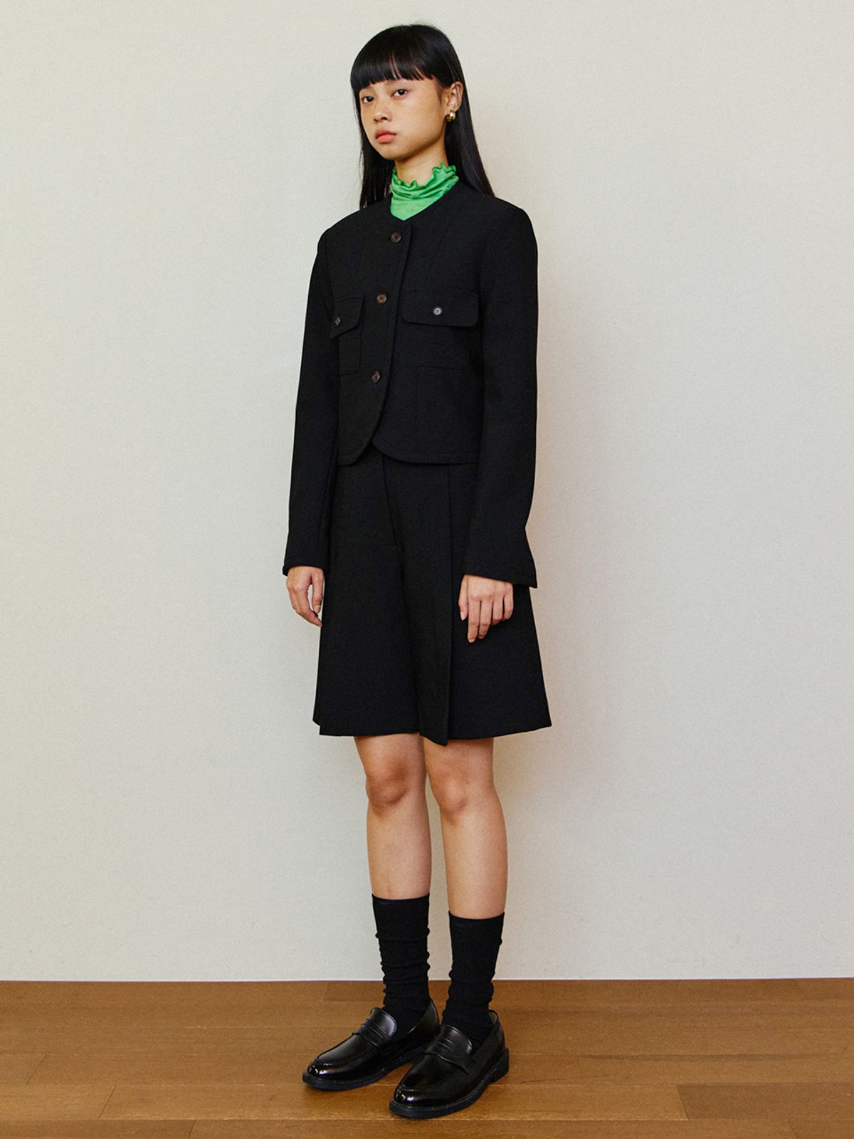 르세지엠(LESEIZEME) Celine Round No Collar Crop Jacket - Black