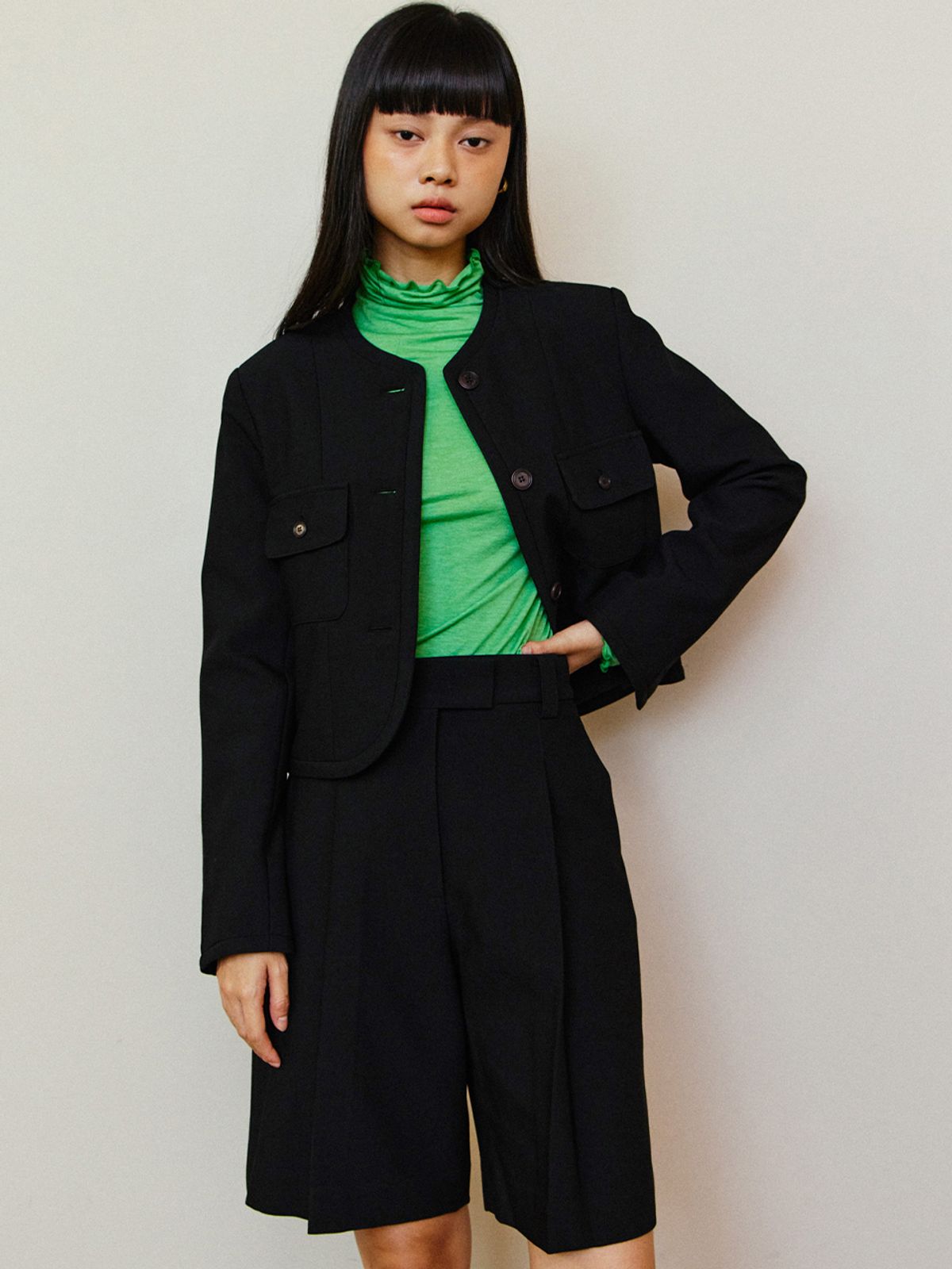 르세지엠(LESEIZEME) Celine Round No Collar Crop Jacket - Black