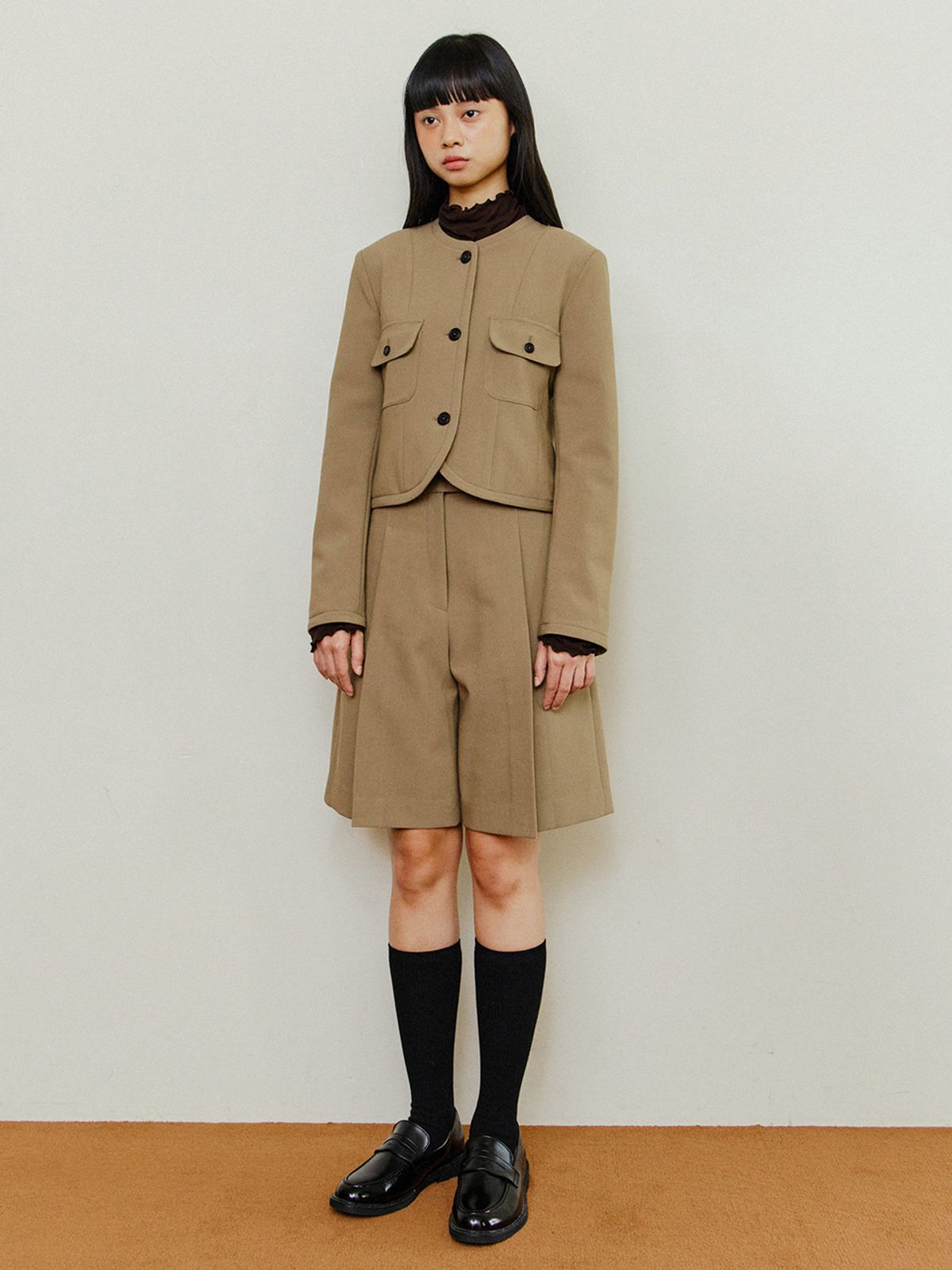 르세지엠(LESEIZEME) Celine Round No Collar Crop Jacket - Beige