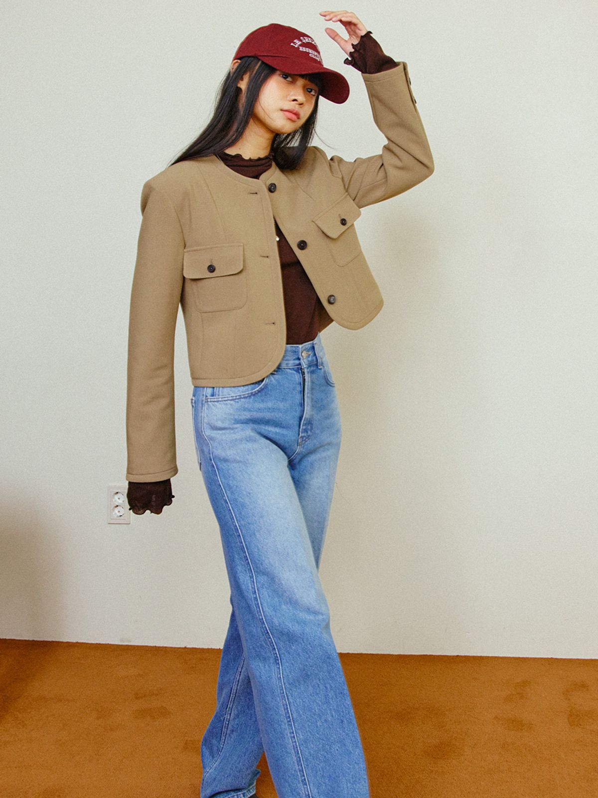 르세지엠(LESEIZEME) Celine Round No Collar Crop Jacket - Beige