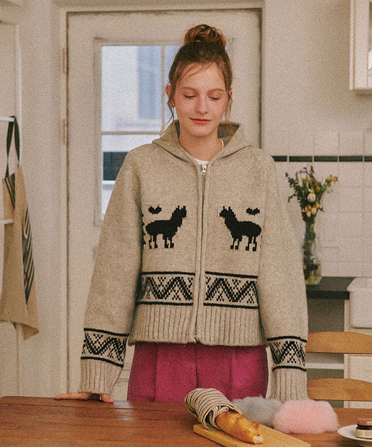 론론(RONRON) ALPACA JACQUARD HOOD ZIP-UP KNIT GREY