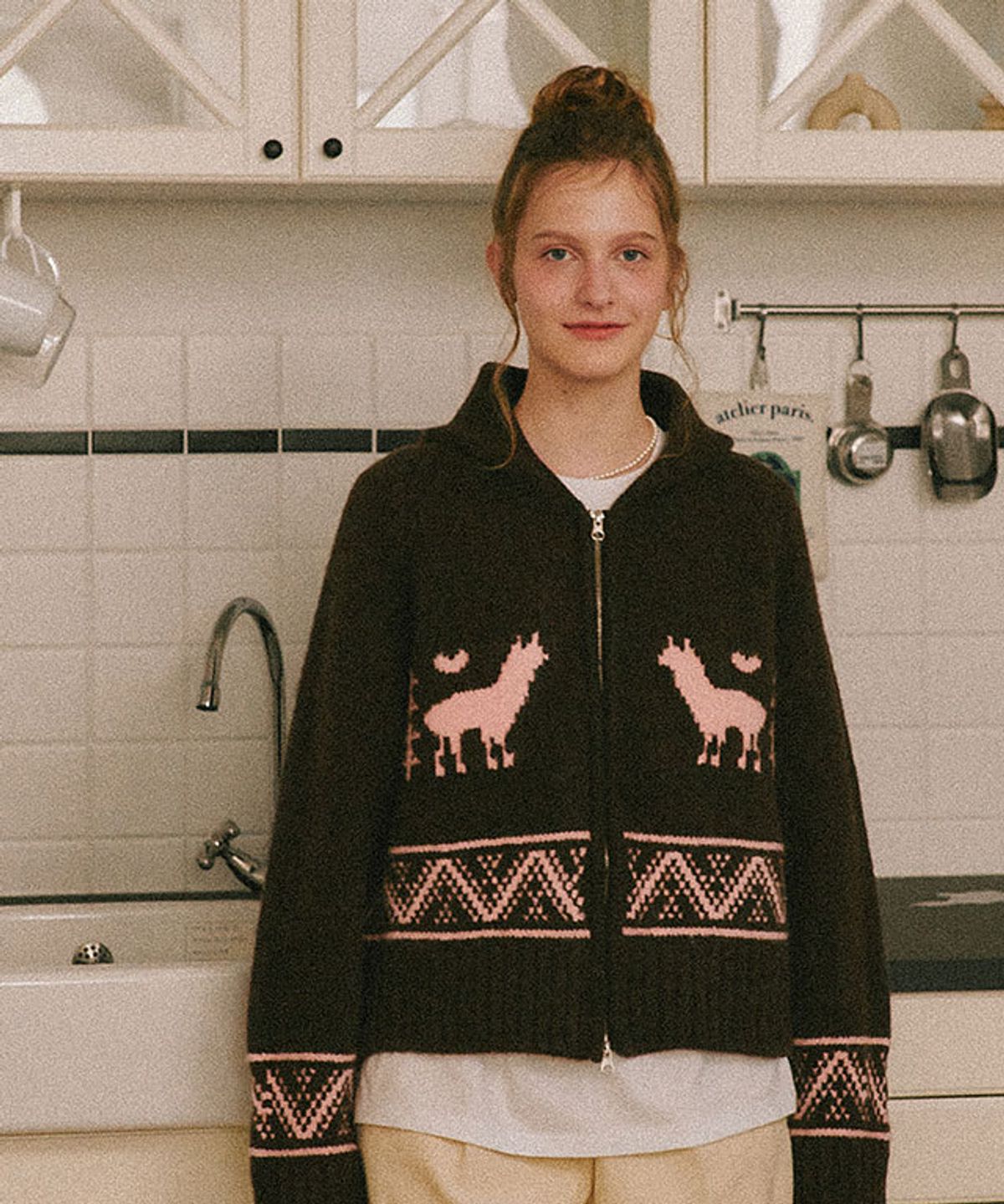 론론(RONRON) ALPACA JACQUARD HOOD ZIP-UP KNIT BROWN