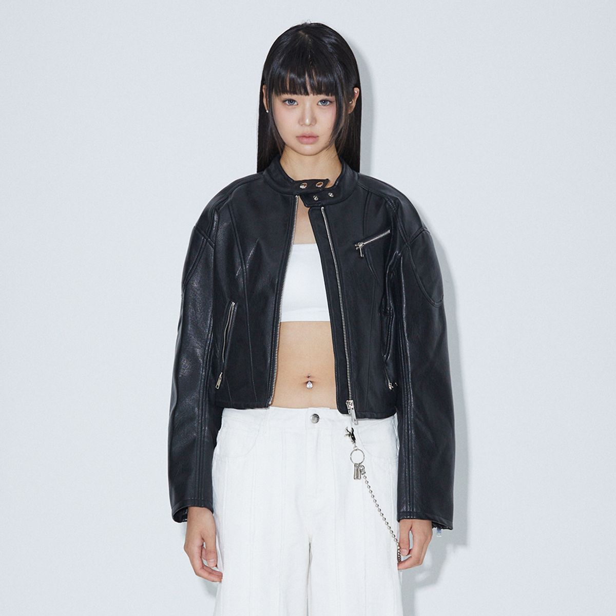 라라폭스(LALAFOX) LINE FAKE LEATHER BIKER JACKET BLACK BP3LJ001
