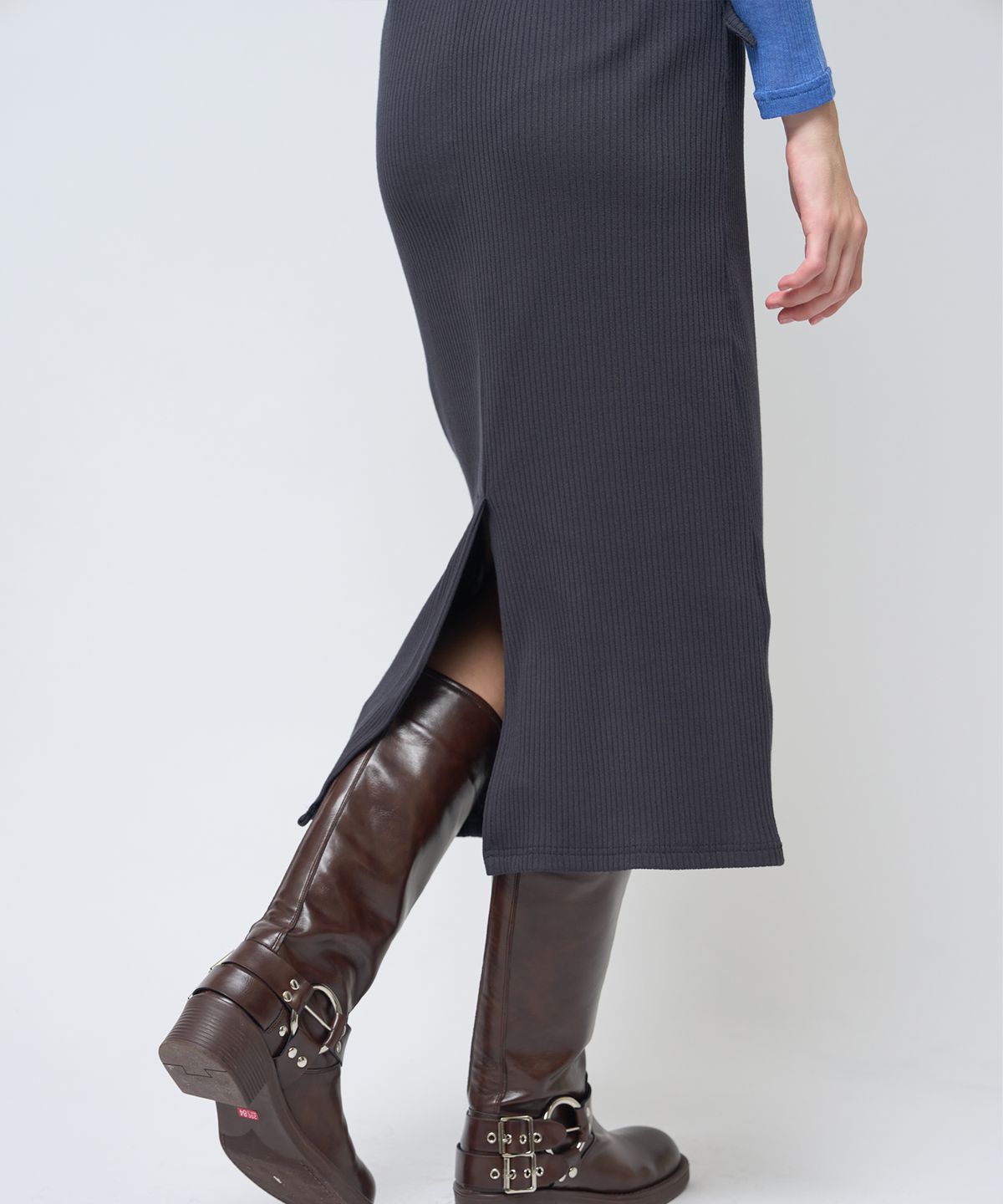 320쇼룸(320SHOWROOM) Banding Slit Ribbed Span Long Skirt Deep navy