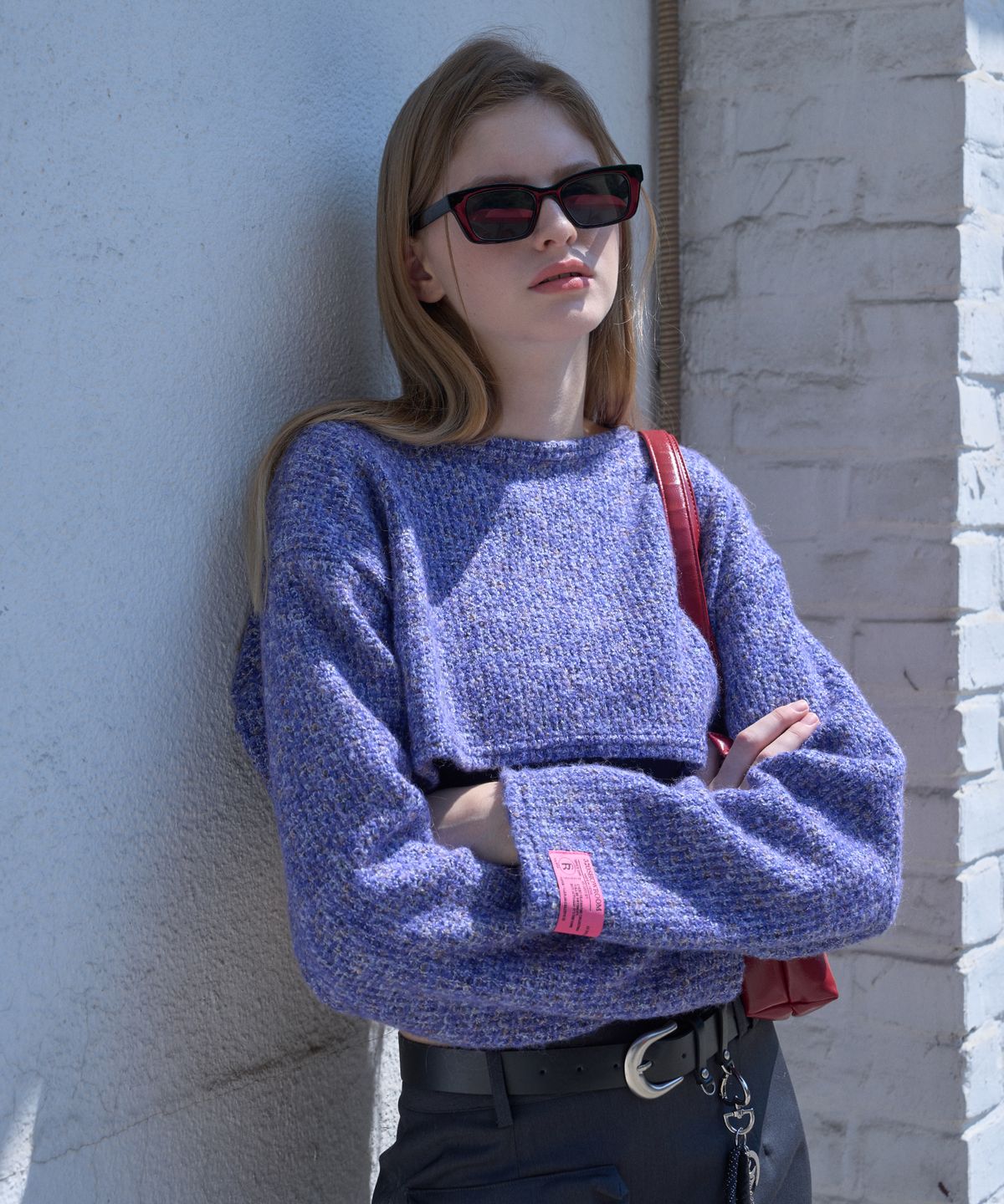 320쇼룸(320SHOWROOM) Wool blend Round neck Crop Stud Knit Tshirts Purple