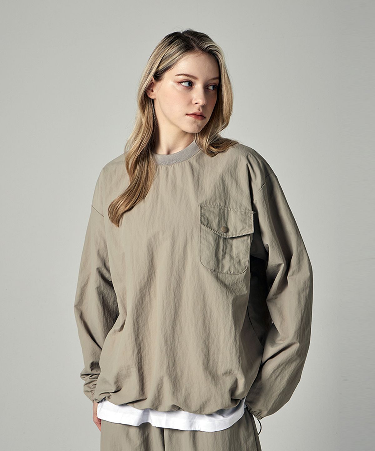 베이스먼트 아카이브(BSMT) 소프트 나일론 오버핏 원포켓 스웨트셔츠 (4Colors)