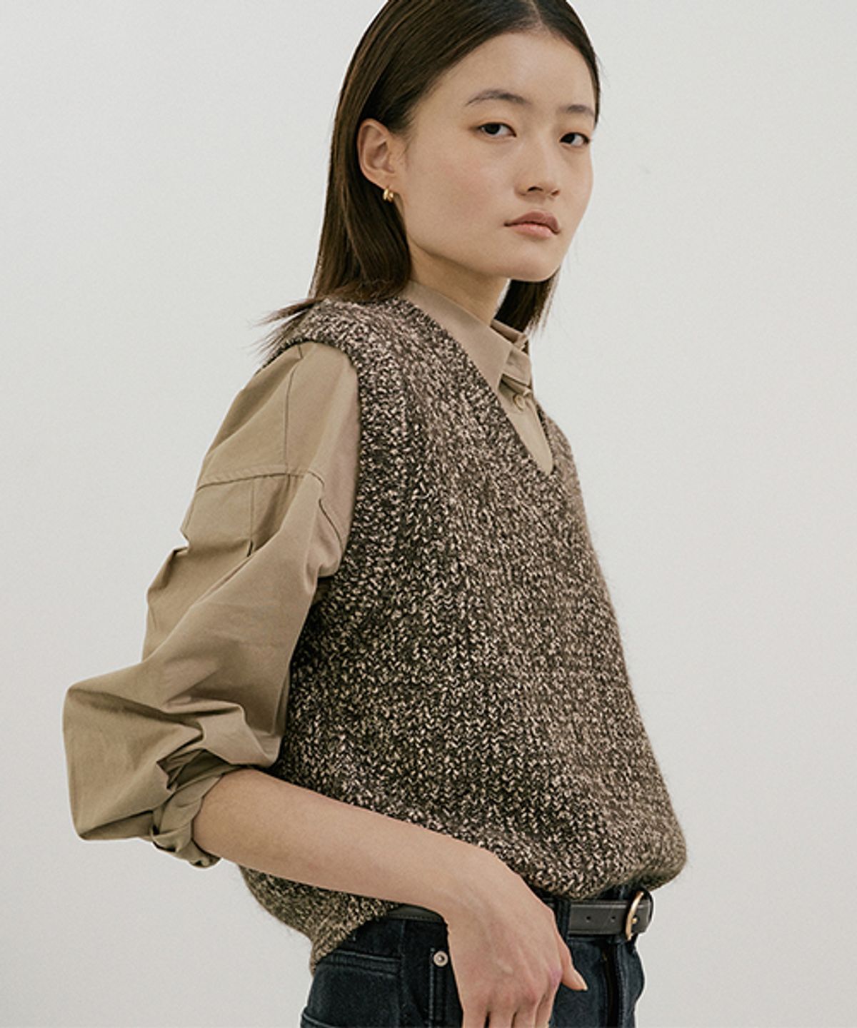 링서울(LINGSEOUL) mix knit vest-darkbrown