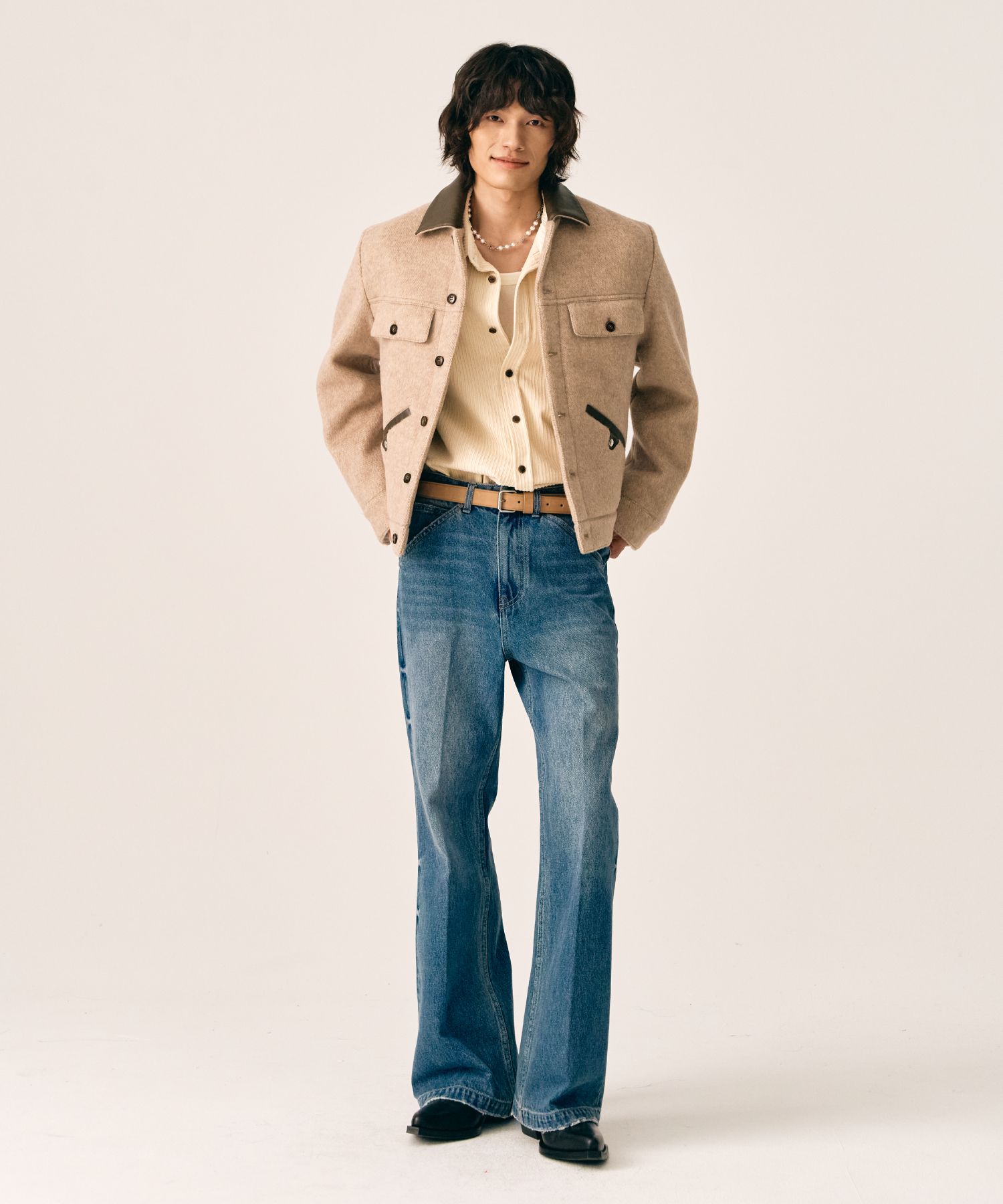 ◆SATUR◆ Hairy wool blend trucker jacket organic beige SA23 MUSINSA | SATUR Hairy wool blend trucker jacket organic beige