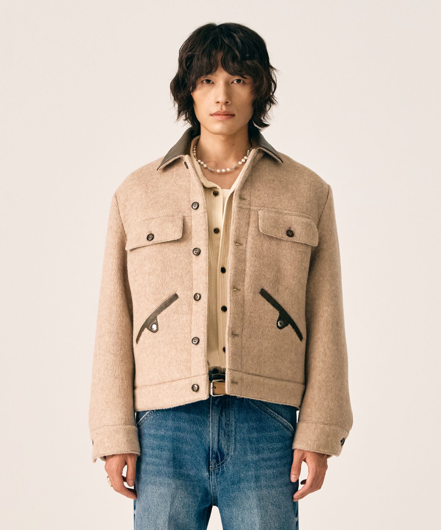 ◆SATUR◆ Hairy wool blend trucker jacket organic beige SA23 MUSINSA | SATUR Hairy wool blend trucker jacket organic beige