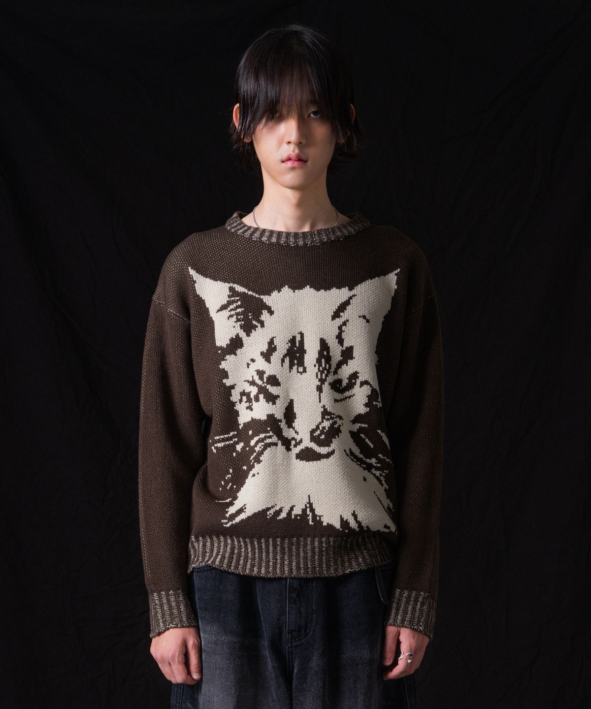 이우가마카라스(IUGAMAKARAS) Cat Graphic Distressed Knit (Brown)