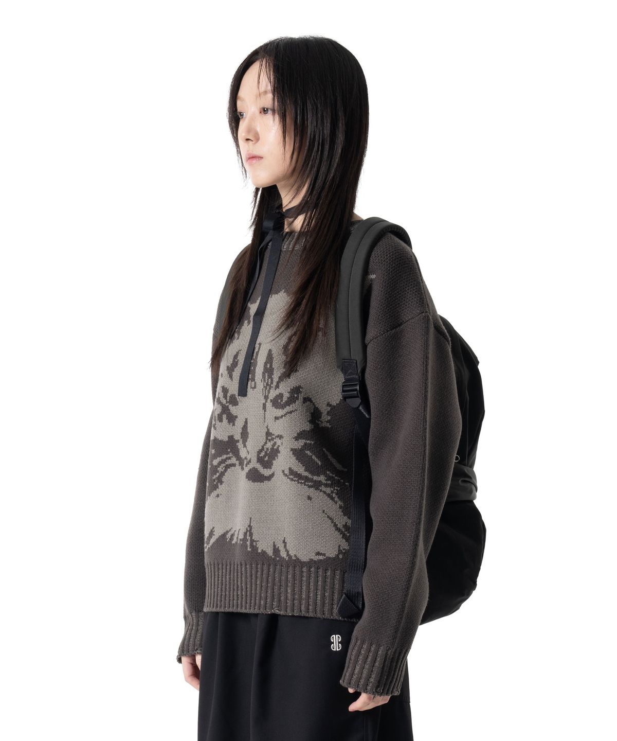 이우가마카라스(IUGAMAKARAS) Cat Graphic Distressed Knit (Deep Khaki)