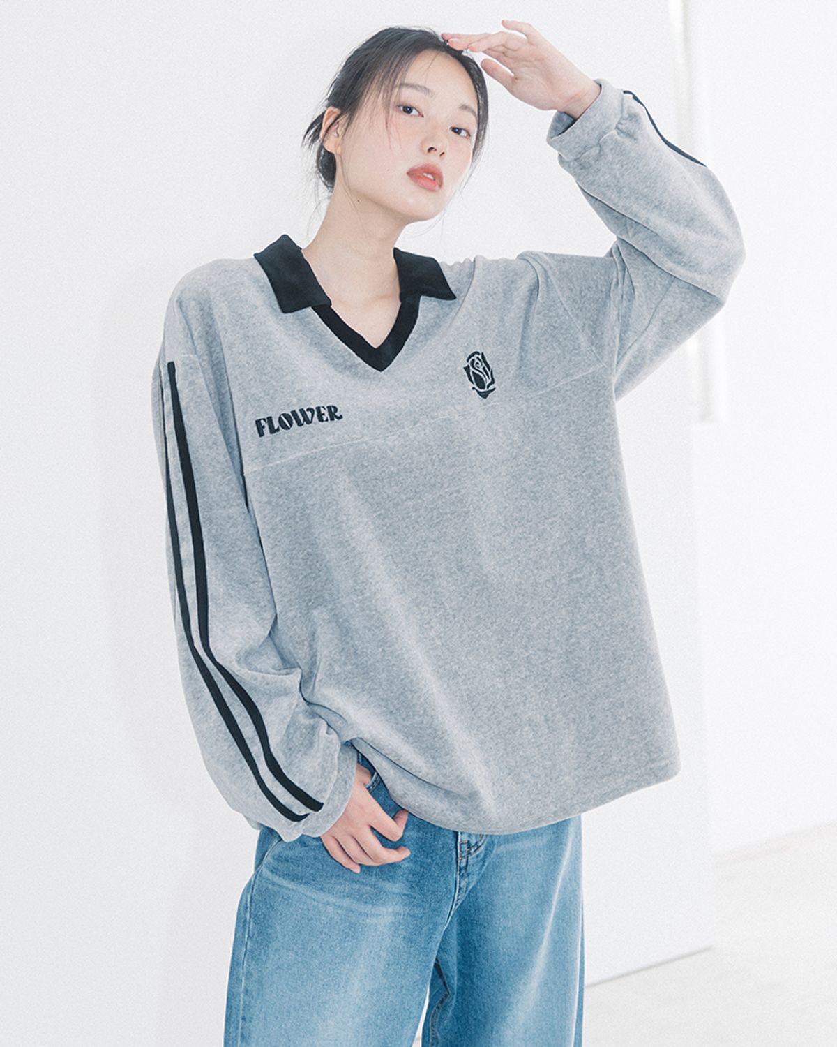 해비즘(HAVISM) OVERSIZE VELOUR V-NECK L/S TEE(GREY)