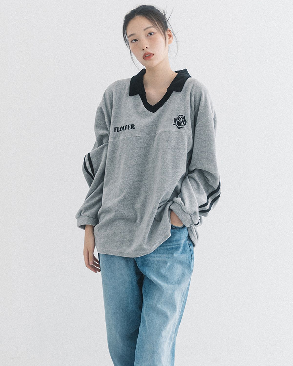 해비즘(HAVISM) OVERSIZE VELOUR V-NECK L/S TEE(GREY)