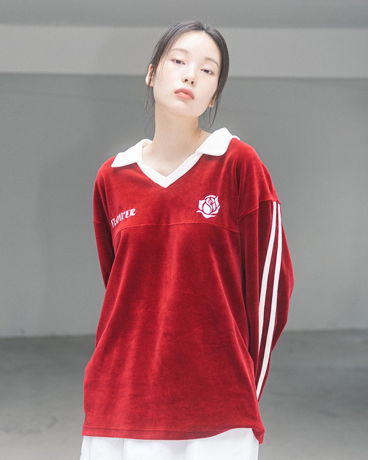 해비즘(HAVISM) OVERSIZE VELOUR V-NECK L/S TEE(RED)