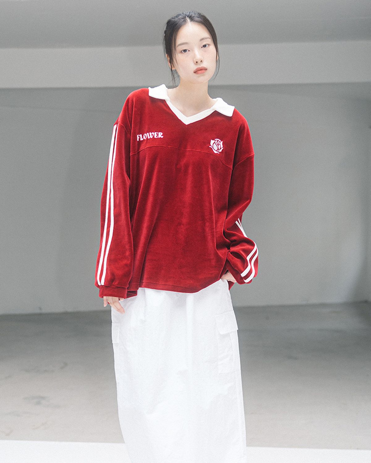 해비즘(HAVISM) OVERSIZE VELOUR V-NECK L/S TEE(RED)