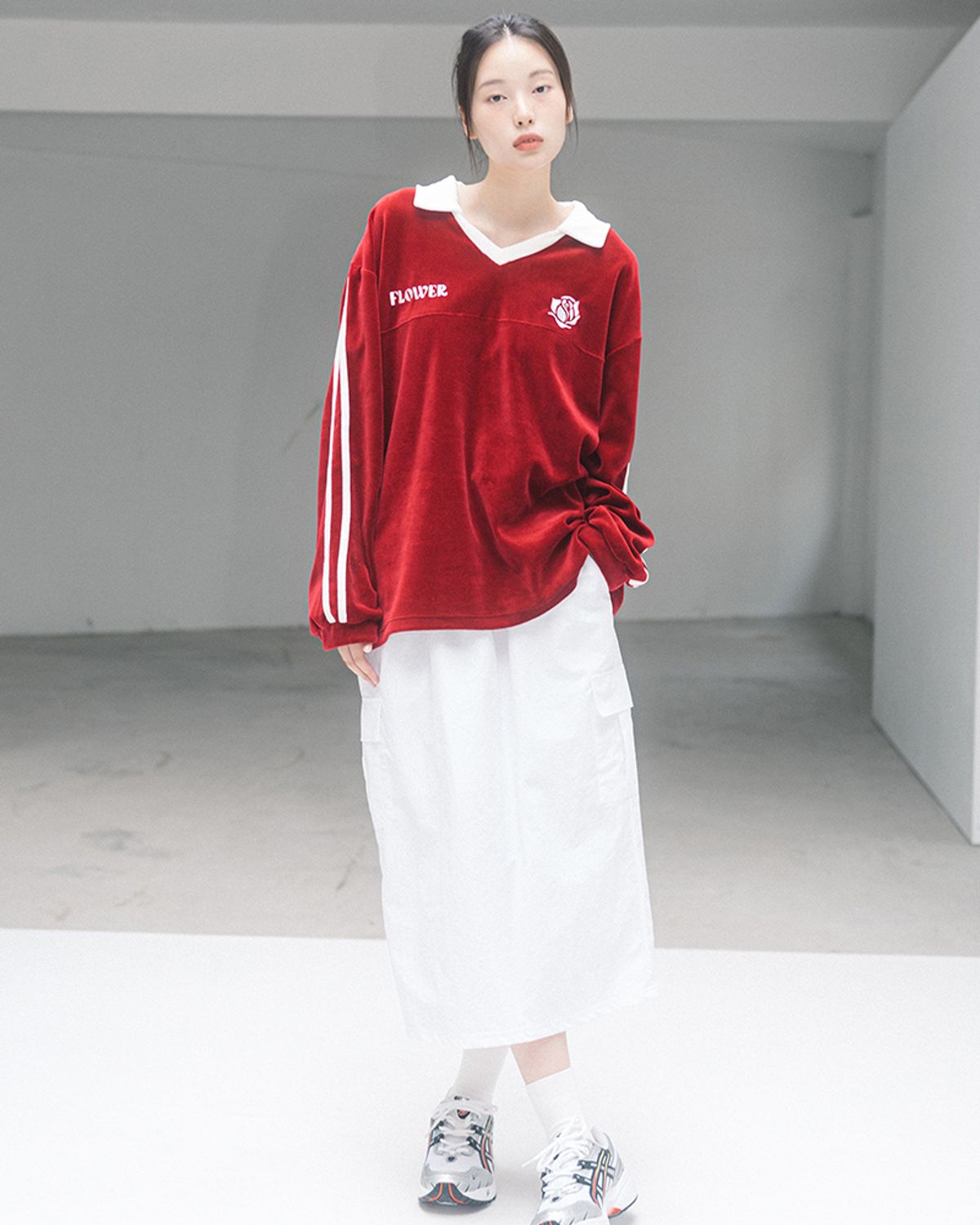 해비즘(HAVISM) OVERSIZE VELOUR V-NECK L/S TEE(RED)