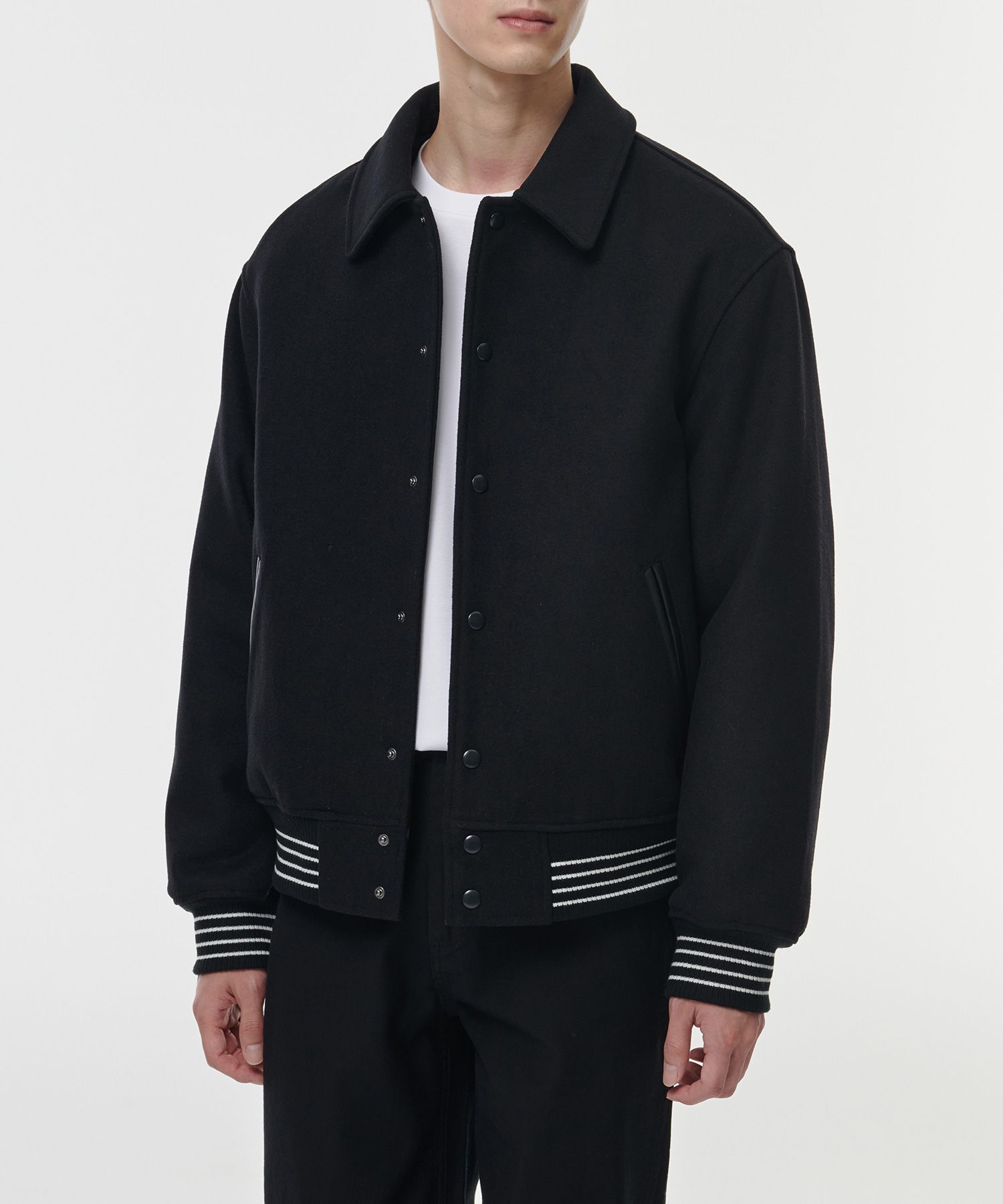ブルゾン MUSINSA STANDARD Wool blend collared varsity jacket black MM MUSINSA | MUSINSA STANDARD Wool blend collared varsity