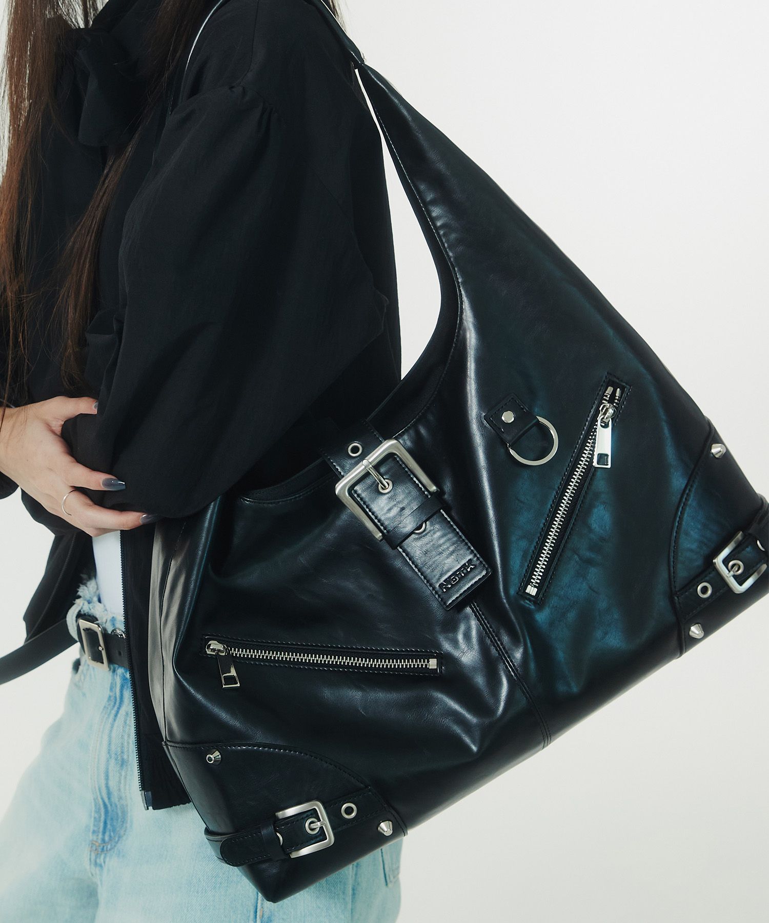 MUSINSA | NOTKNOWING Black Moto Hobo Bag (LEATHER)