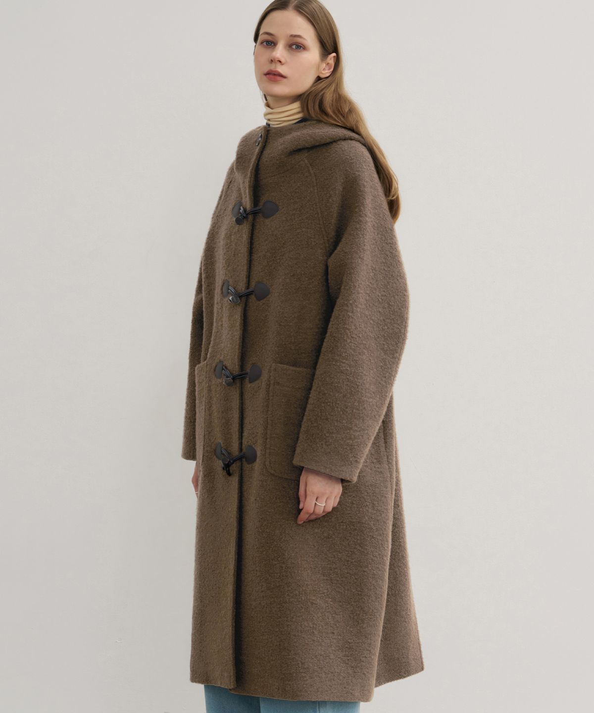 드로우핏 우먼(DRAWFIT WOMEN) 알파카 부클 더플 후드 코트 [BROWN]