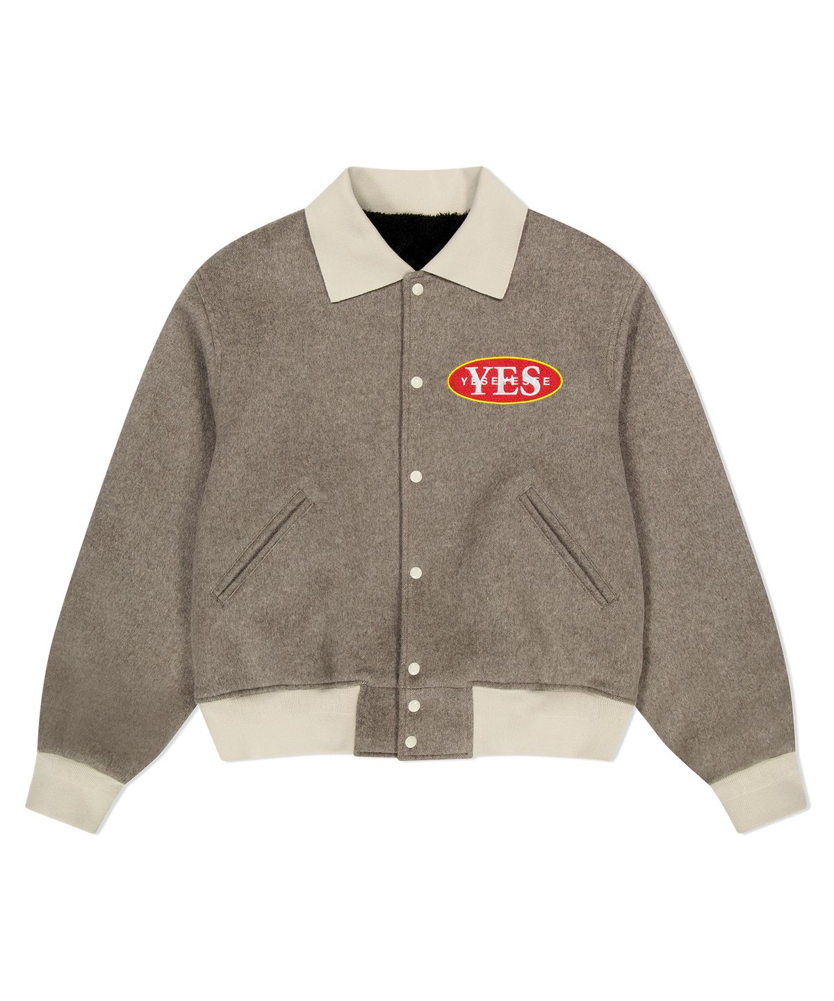 예스아이씨(YESEYESEE) Poker Varsity Jacket Beige