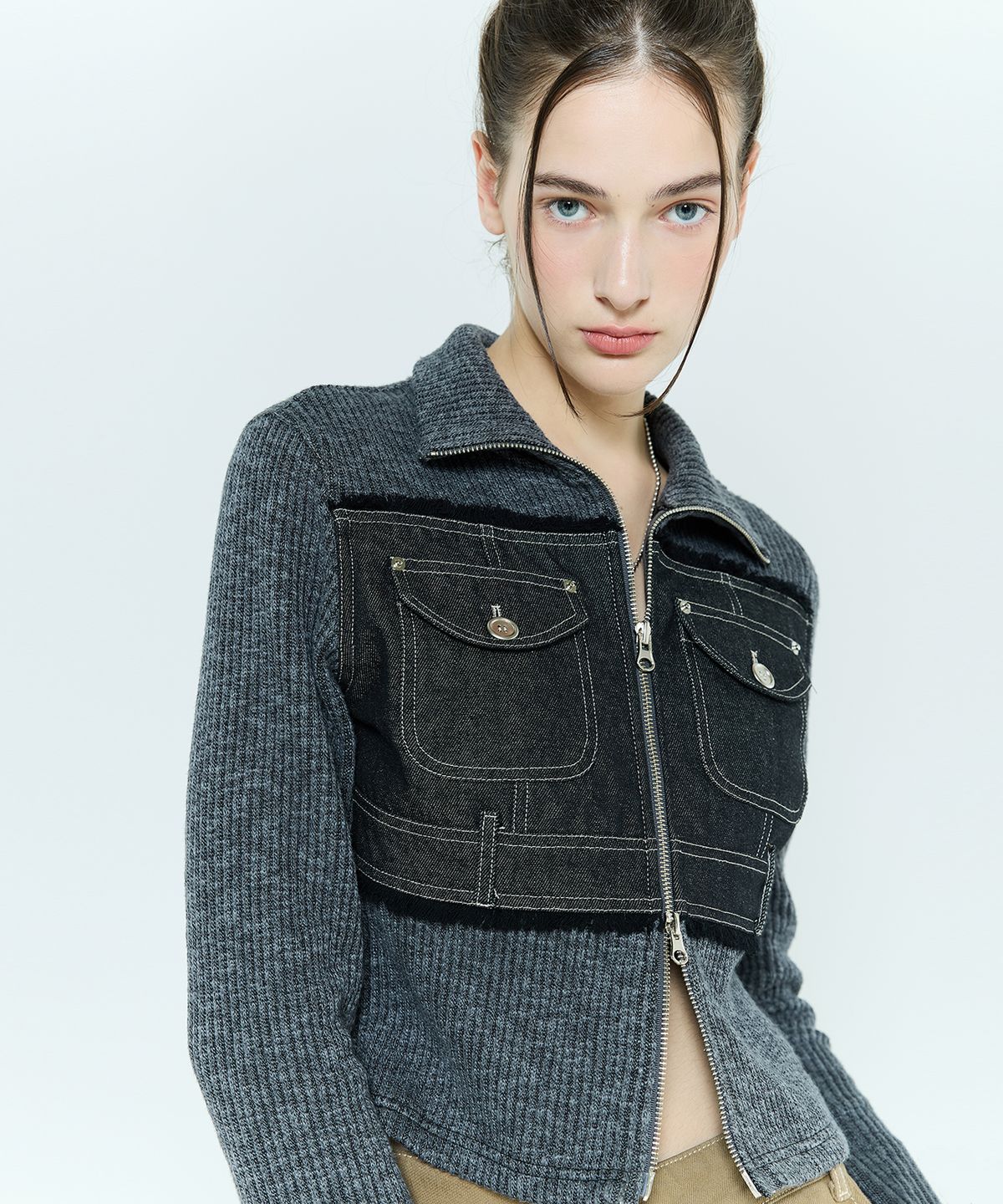 라티젠(LARTIGENT) L6 DENIM POCKET KNIT ZIPUP(CHARCOAL)