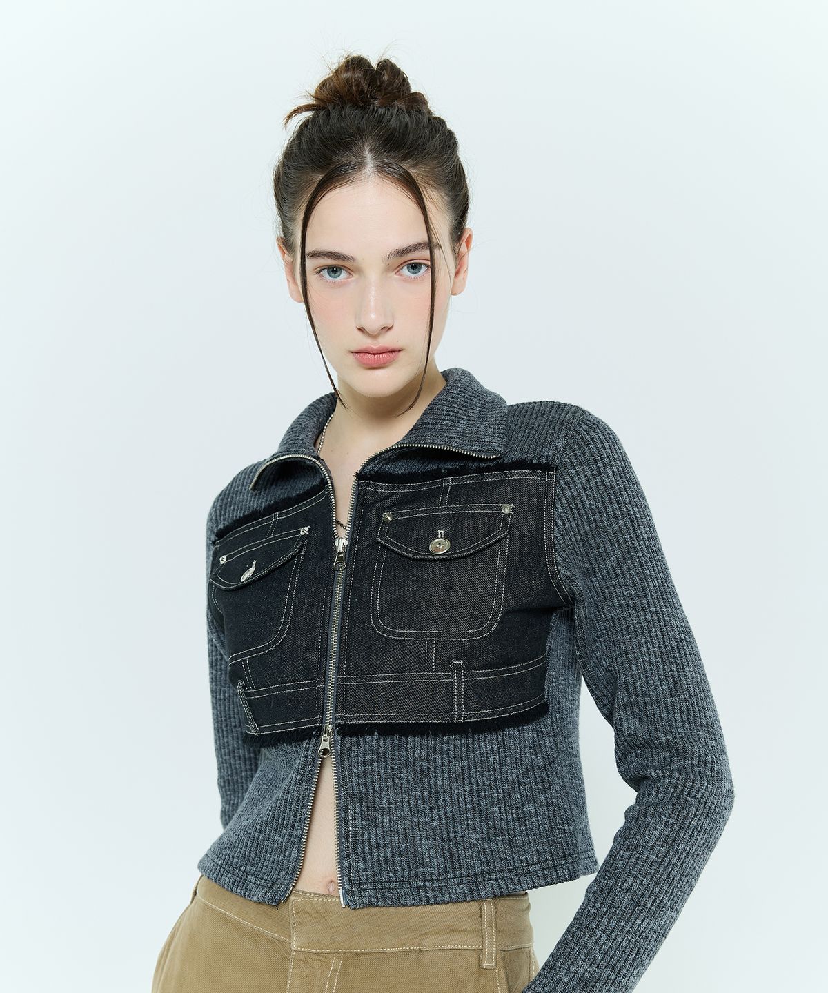 라티젠(LARTIGENT) L6 DENIM POCKET KNIT ZIPUP(CHARCOAL)
