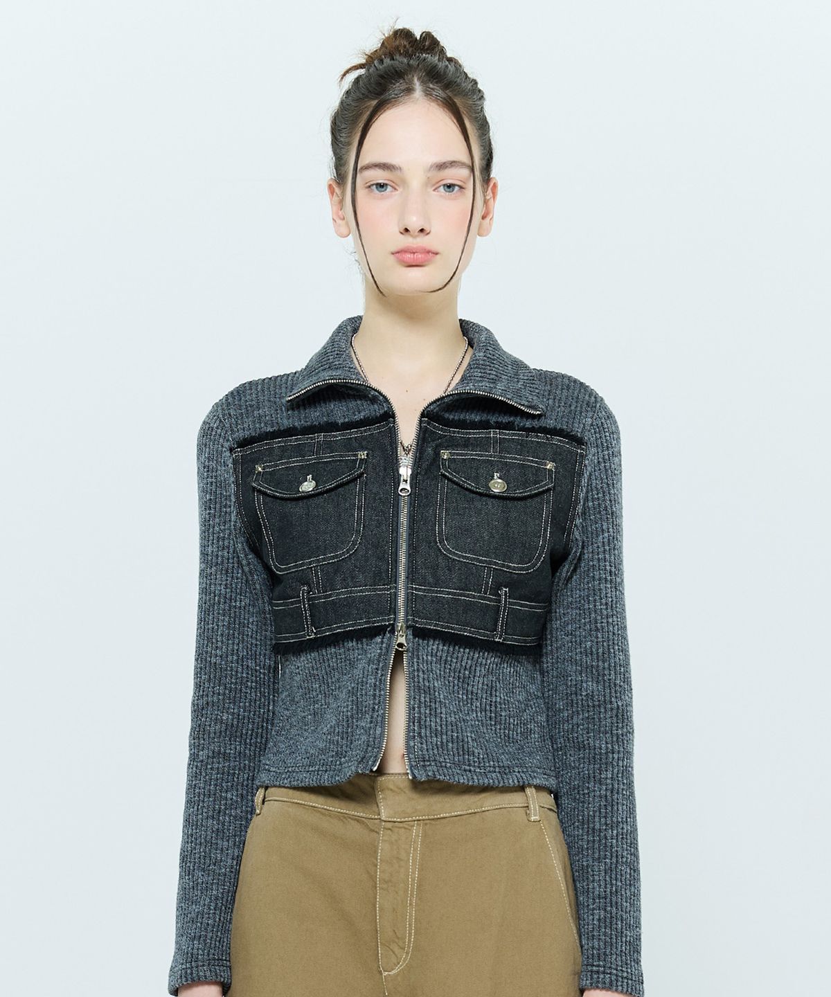 라티젠(LARTIGENT) L6 DENIM POCKET KNIT ZIPUP(CHARCOAL)