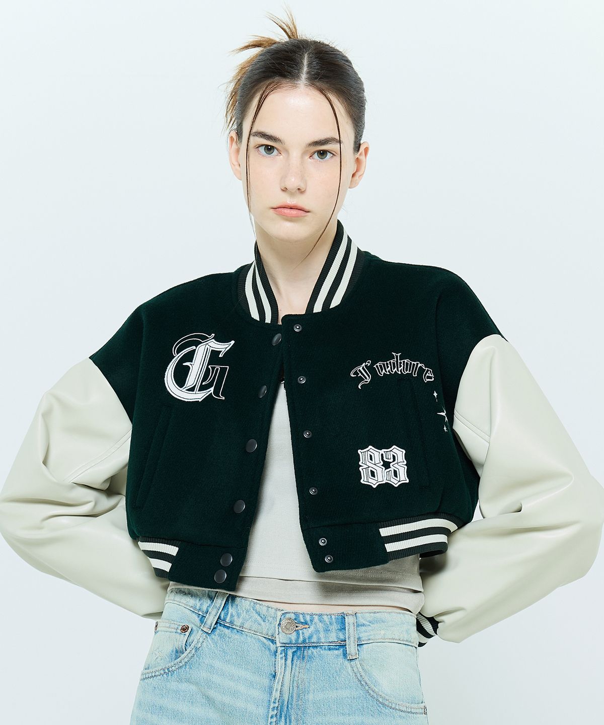 라티젠(LARTIGENT) L6 CROP VARSITY JACKET(GREEN)