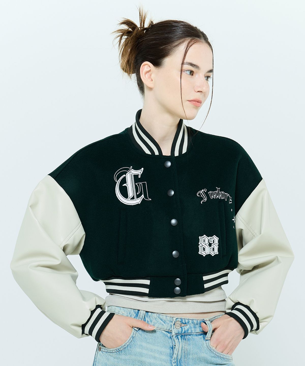 라티젠(LARTIGENT) L6 CROP VARSITY JACKET(GREEN)