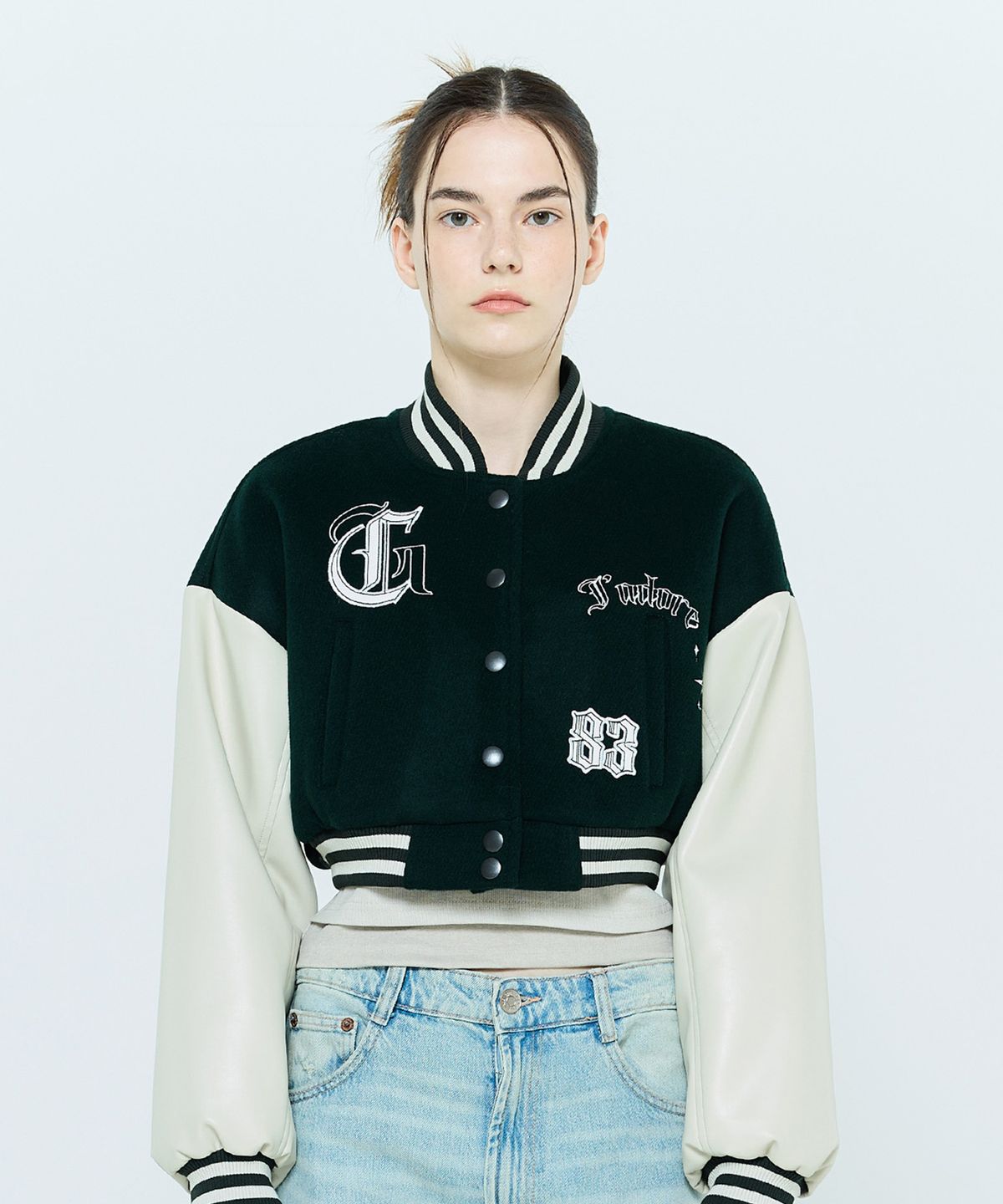 라티젠(LARTIGENT) L6 CROP VARSITY JACKET(GREEN)