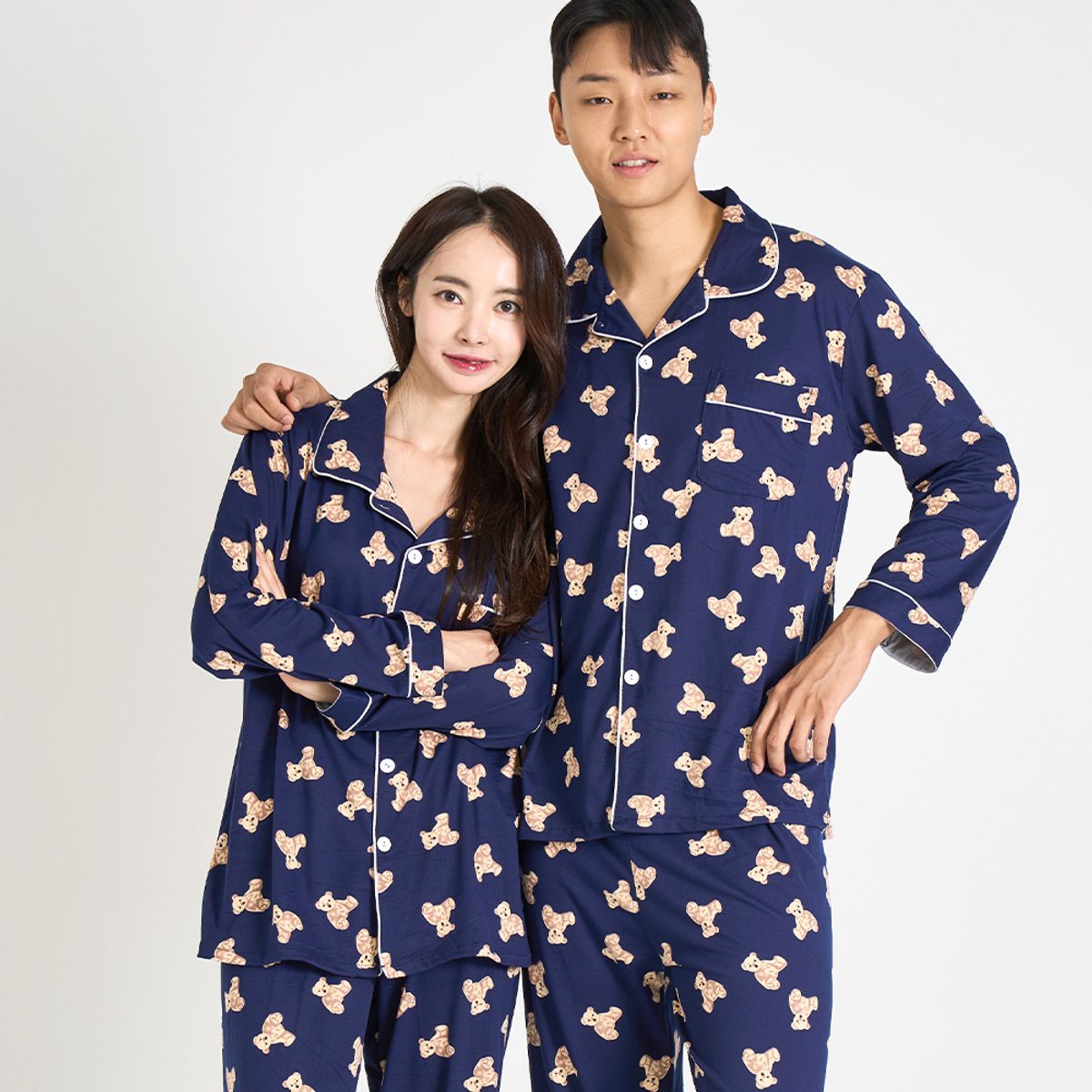 에이원(AONE) [SET] 커플 피치기모 곰돌이 카라 긴팔 상의 하의 잠옷