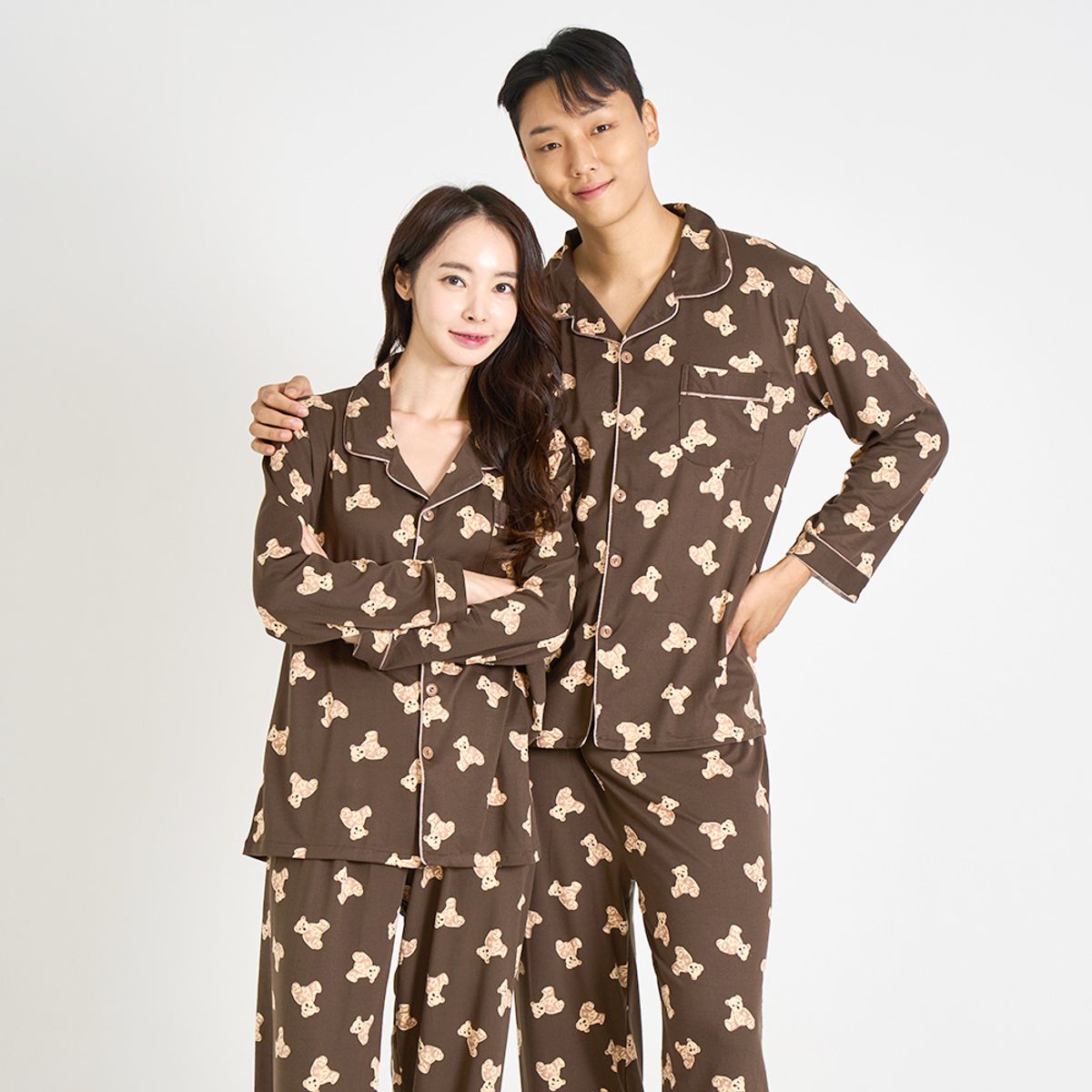 에이원(AONE) [SET] 커플 피치기모 곰돌이 카라 긴팔 상의 하의 잠옷