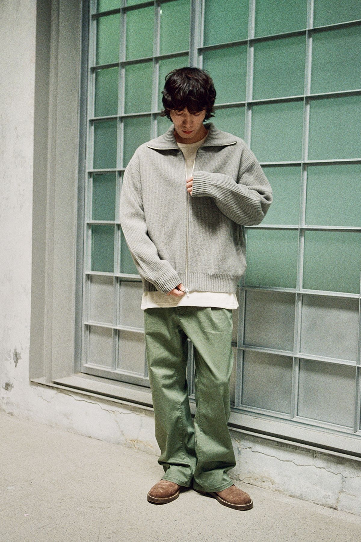 홀리선(HORLISUN) Marshall Full Zip Up Rib Knit Multi Gray