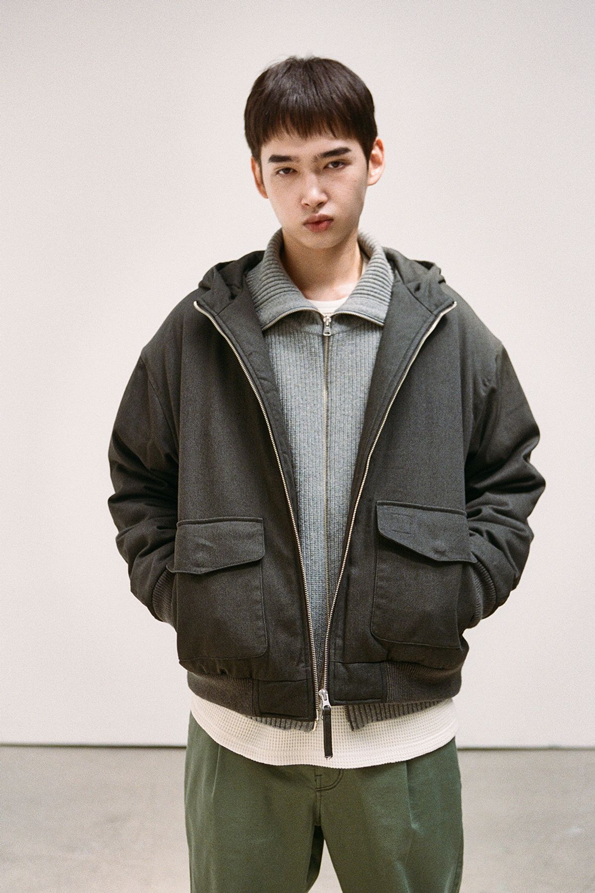홀리선(HORLISUN) Marshall Full Zip Up Rib Knit Multi Gray