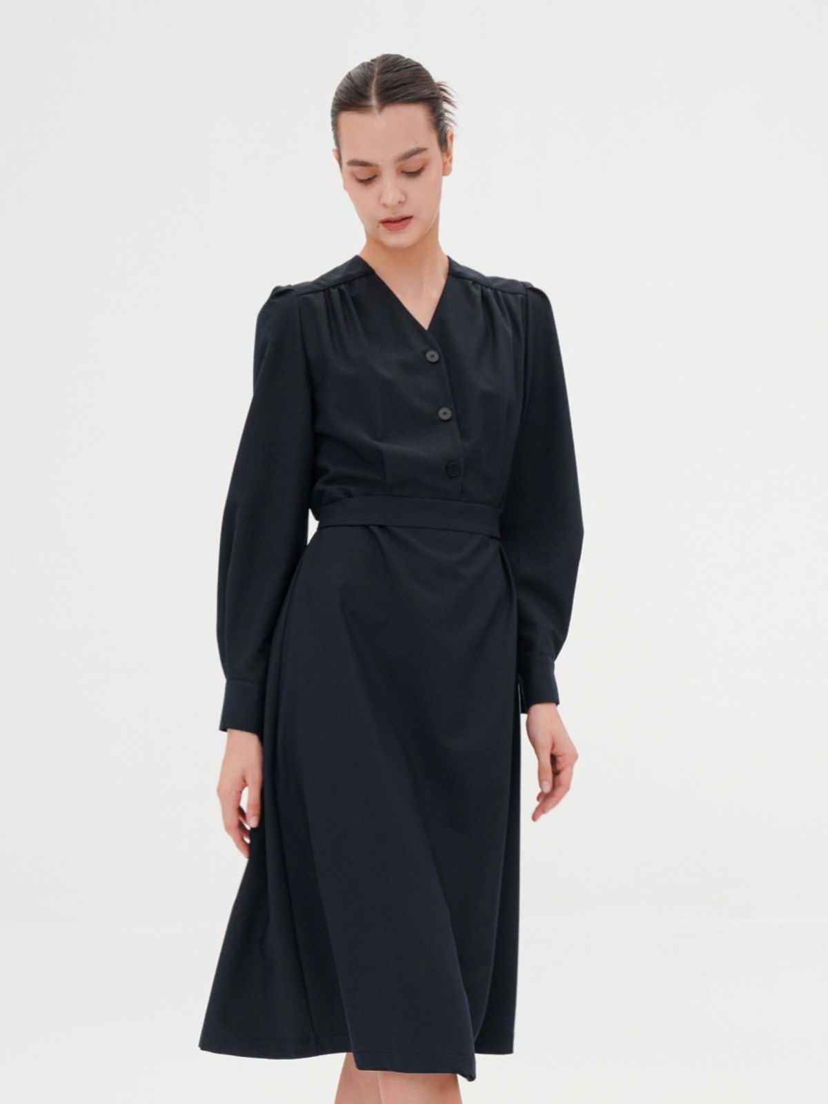 아쿠드(ACUD) V-neck Long Sleeve Shirt Dress _Navy