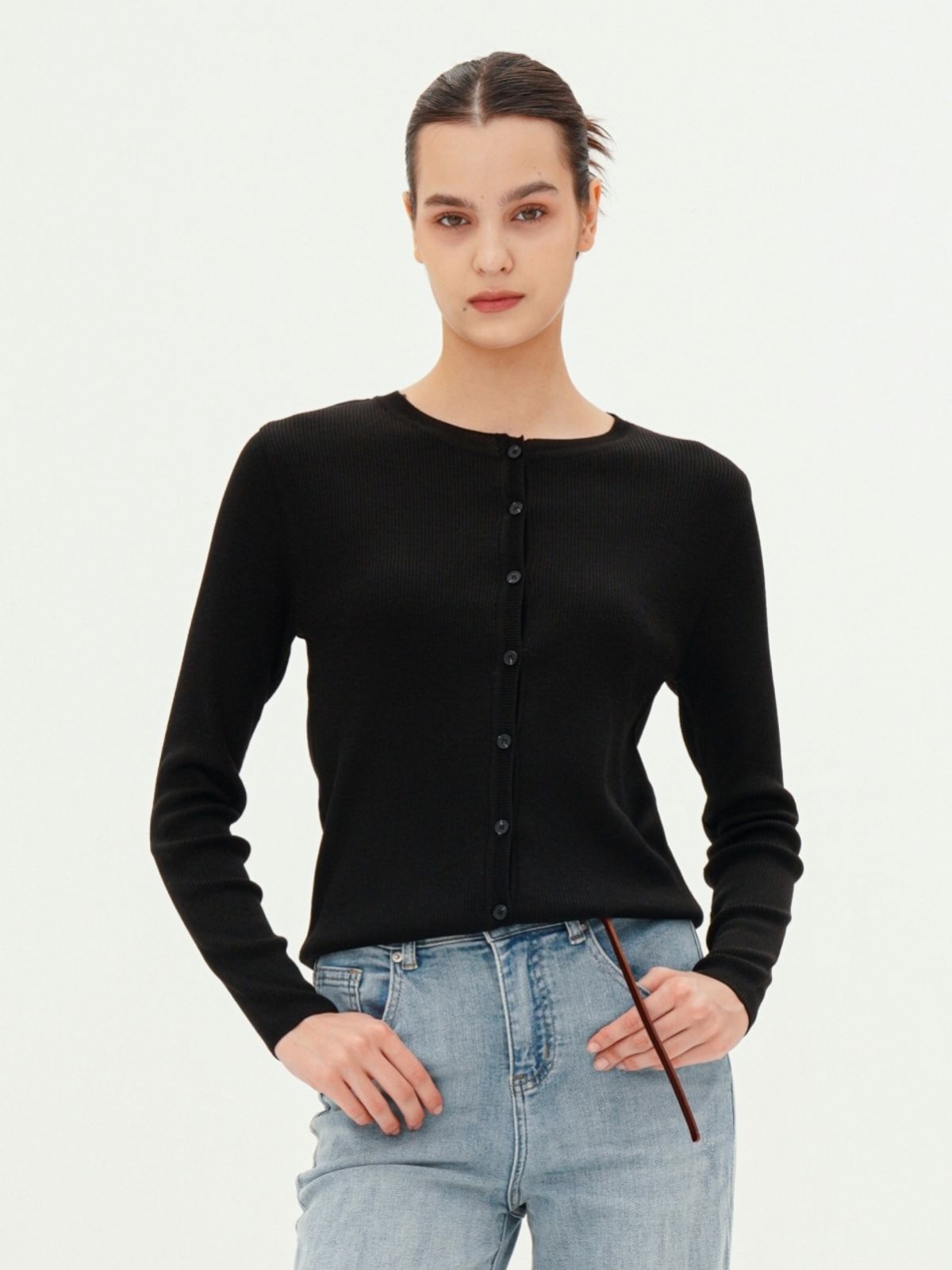 아쿠드(ACUD) Round Neck Ribbed Cardigan _Black